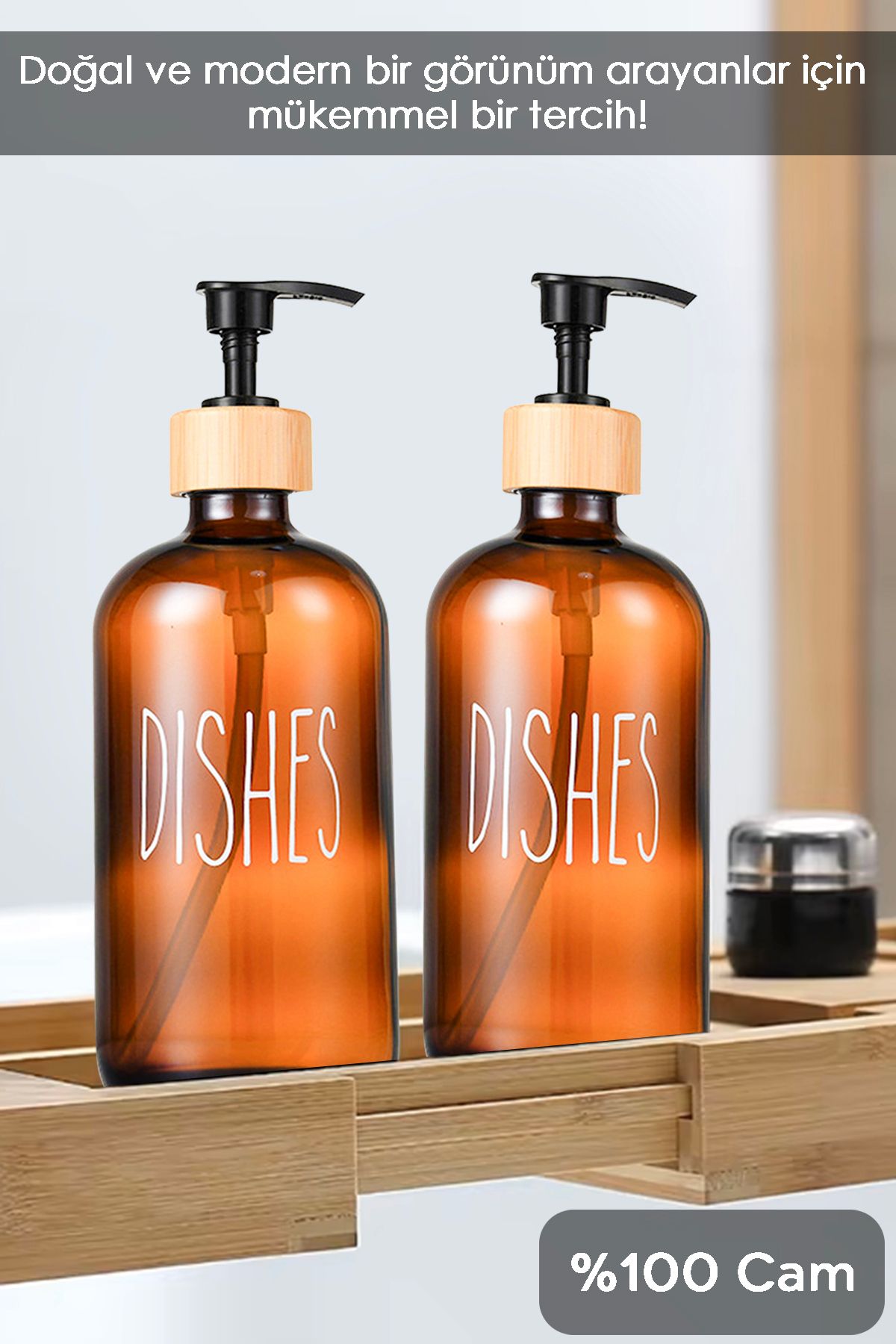 Meleni Home-Amber 500 ml Kitchen Liquid Soap Dispenser - Glass Dishwashing Detergent 2 Pieces 3