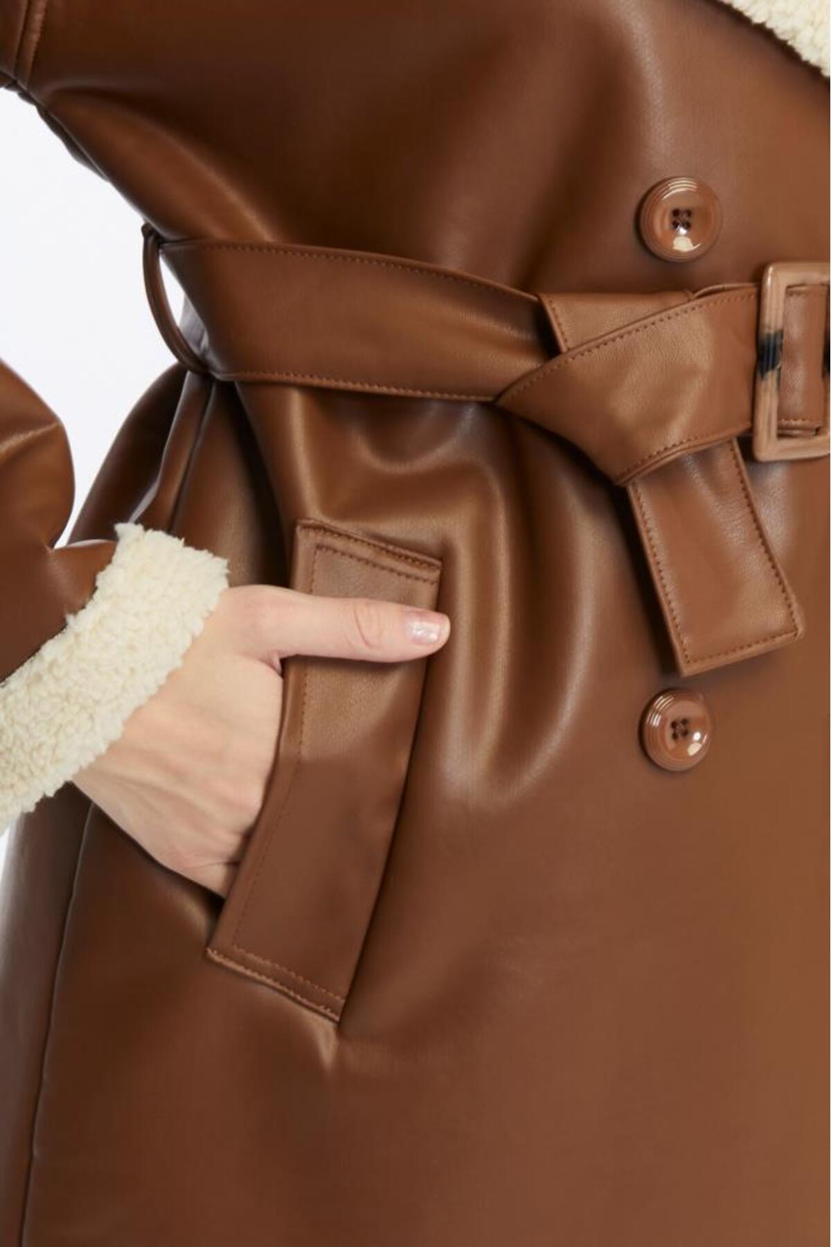 Jamila  Kürklü Uzun Suni Deri Kadın Mont - Görsel 6