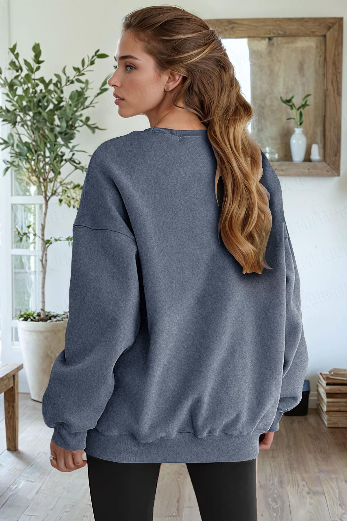 Millionaire-Women's Oil Smoked Basic 0 Crew Neck Unprinted Plain Oversize Loose Loose Fit Fleece Sweatshirt 3