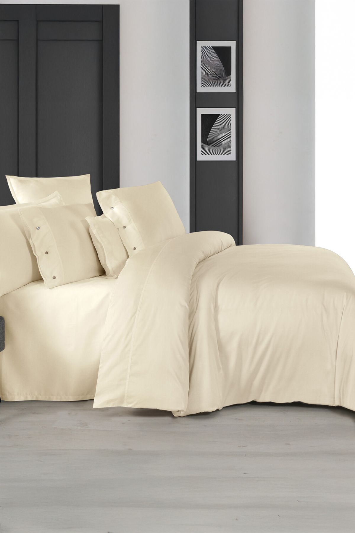 Sarev Monochrome Cream %100 Pamuk Saten King Size Nevresim Takımı