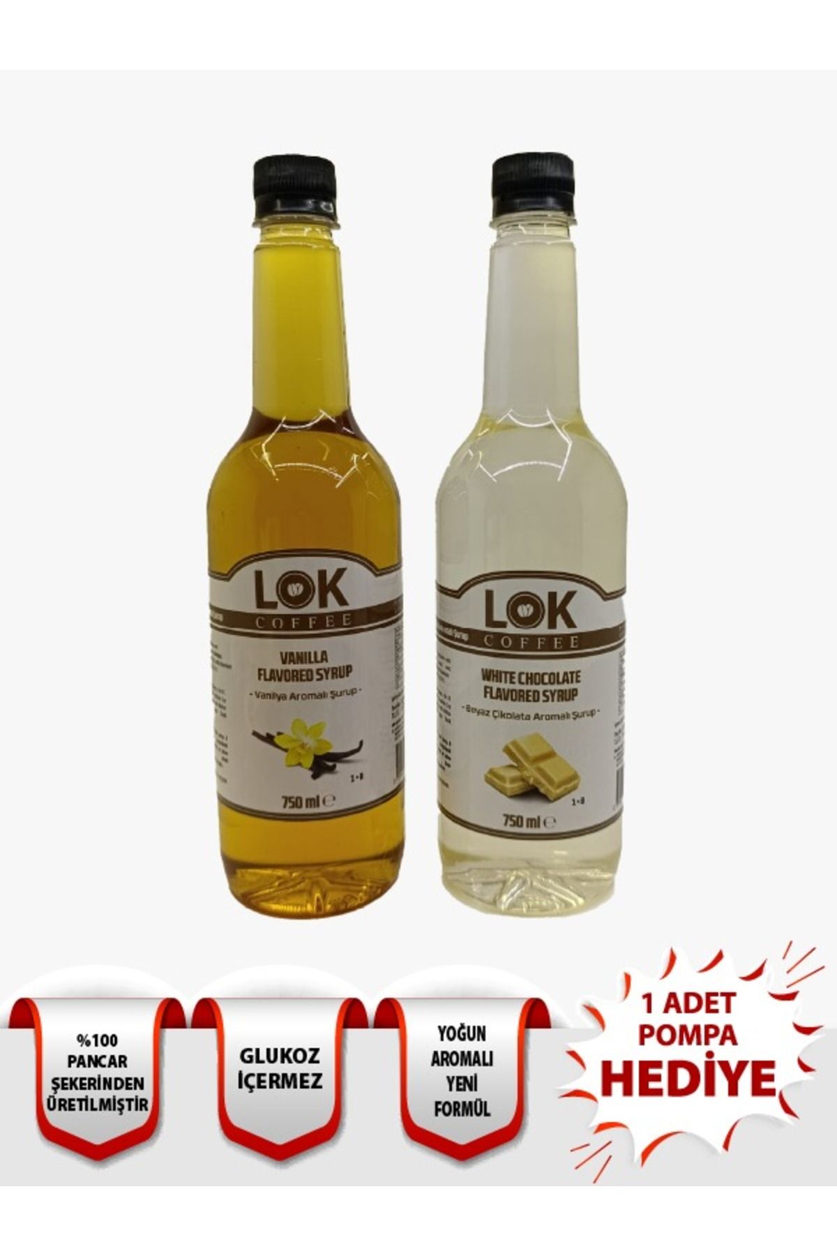 LOK COFFEE % 100 Şeker * Vanilya - Beyaz Çikolata Aromalı Kahve Şurubu 750 ml X 2 Ad. - 1 Ad.pompa Hediyeli