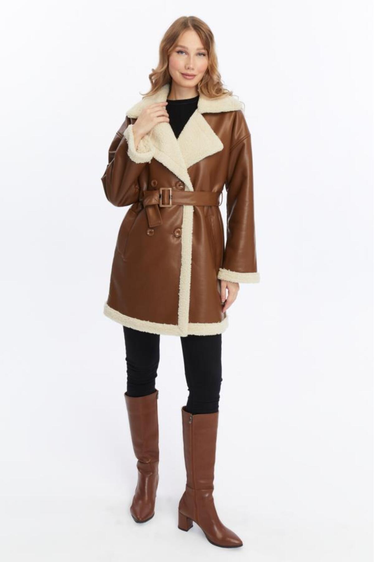 Jamila  Kürklü Uzun Suni Deri Kadın Mont - Görsel 4