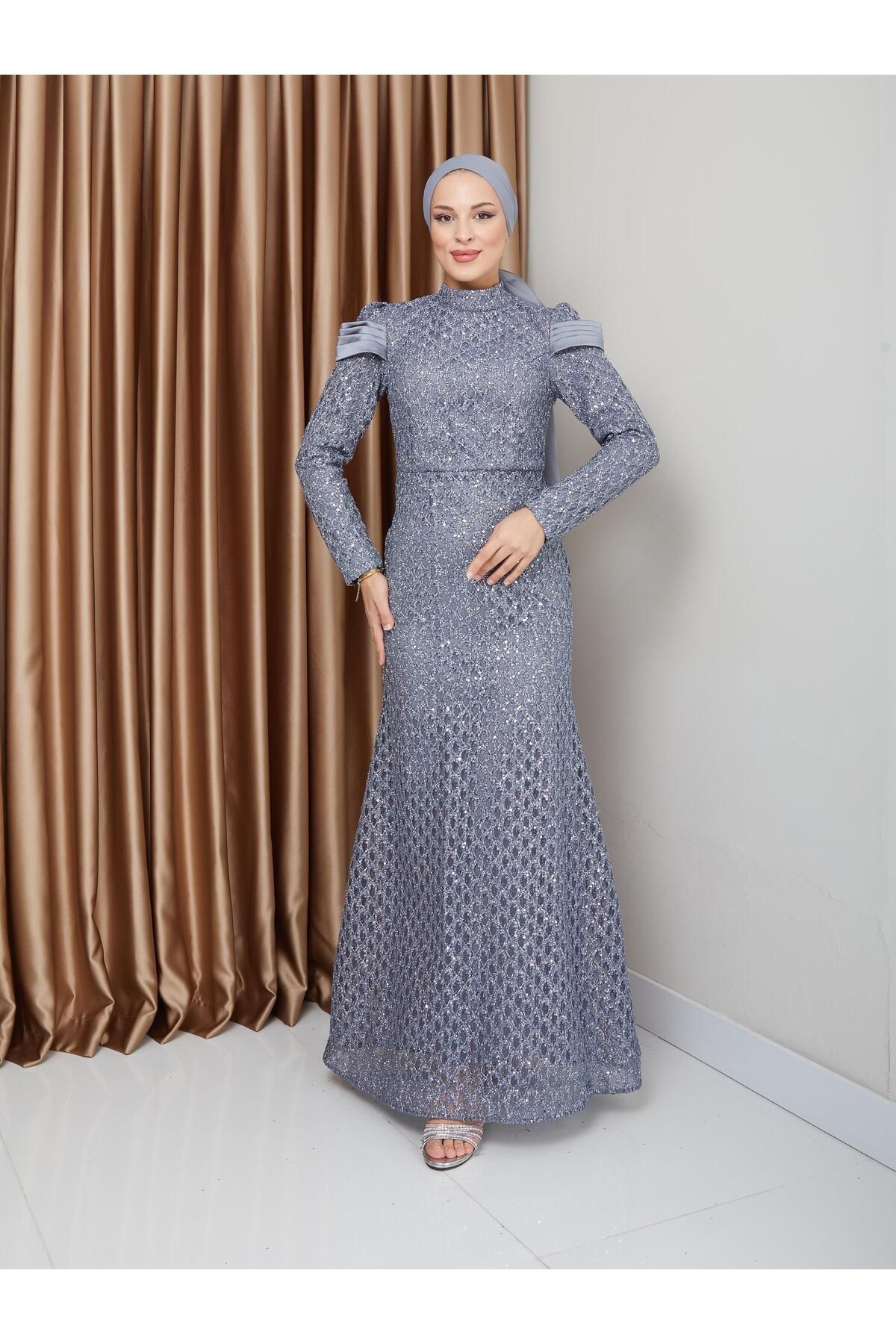 Olcay-Fish Hijab Evening Dress - Satin Detail and Sequin Pea, Grey 1676 4