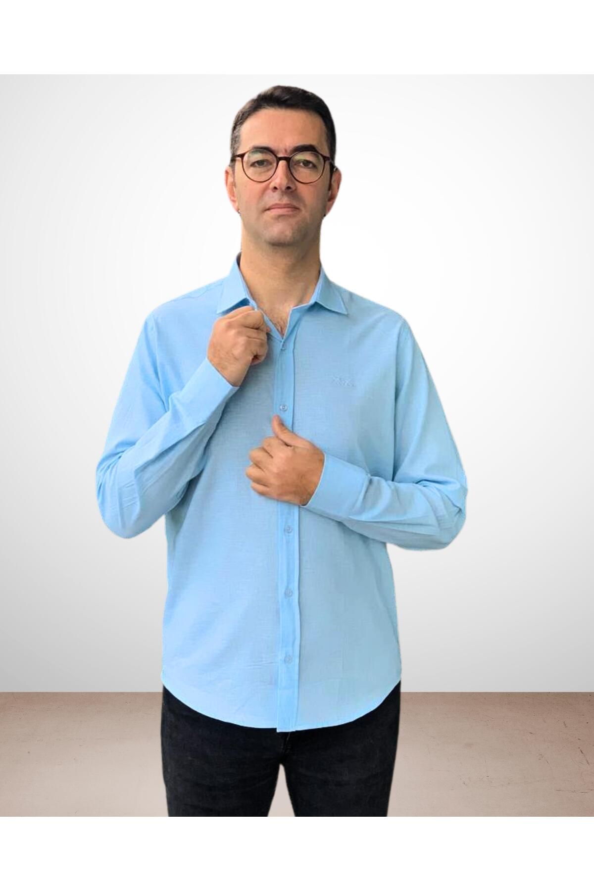 Chordi-Men's Long Sleeve Regular Fit Thick Linen Shirt (Turquoise) 6