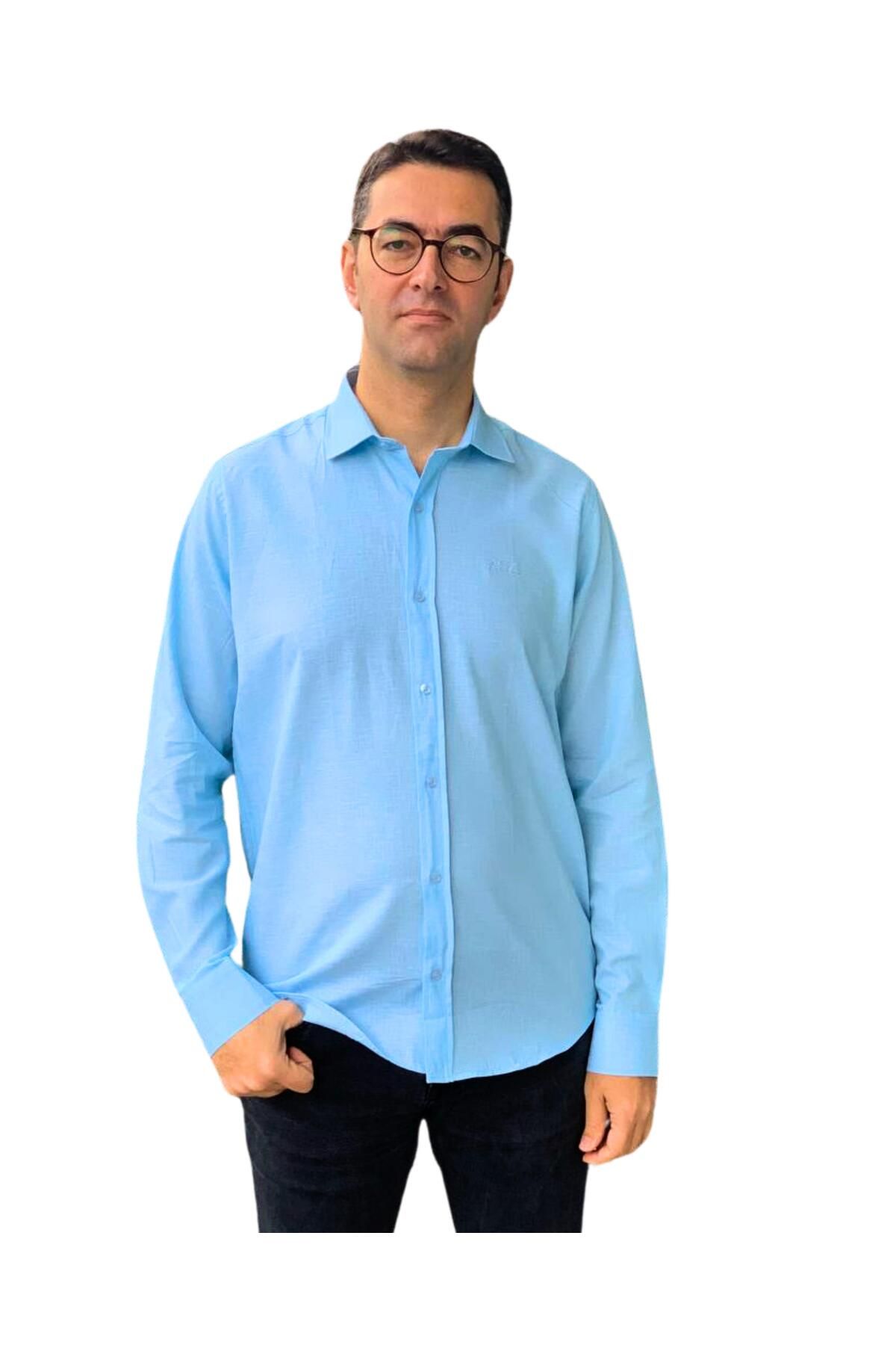 Chordi-Men's Long Sleeve Regular Fit Thick Linen Shirt (Turquoise) 1