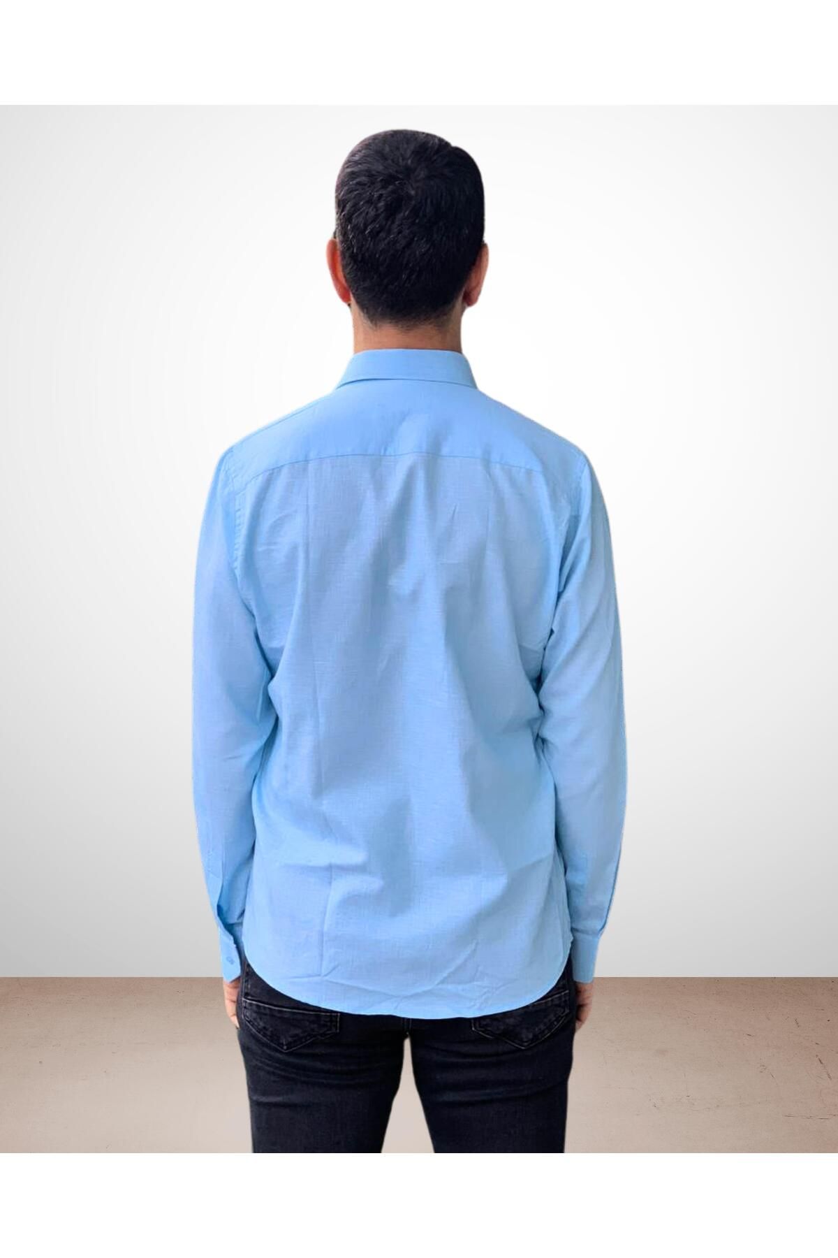 Chordi-Men's Long Sleeve Regular Fit Thick Linen Shirt (Turquoise) 3