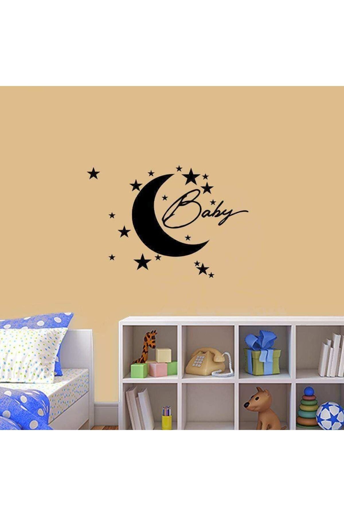 MLH STORE Ay Ve Yıldızlar Baby Yazılı Uyku Zamanı Temalı Silüet Dekoratif Çocuk Odası Duvar Sticker, Çıkartma