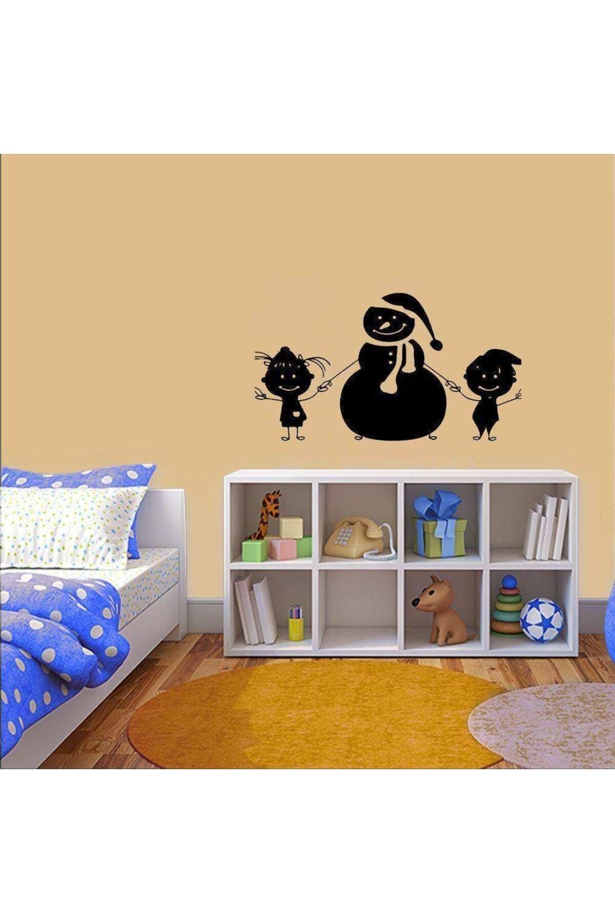 MLH STORE Mutlu Kardan Adam Ve Çocuklar Silüeti Dekoratif Çocuk Odası Duvar Sticker, Çıkartma, Etiket