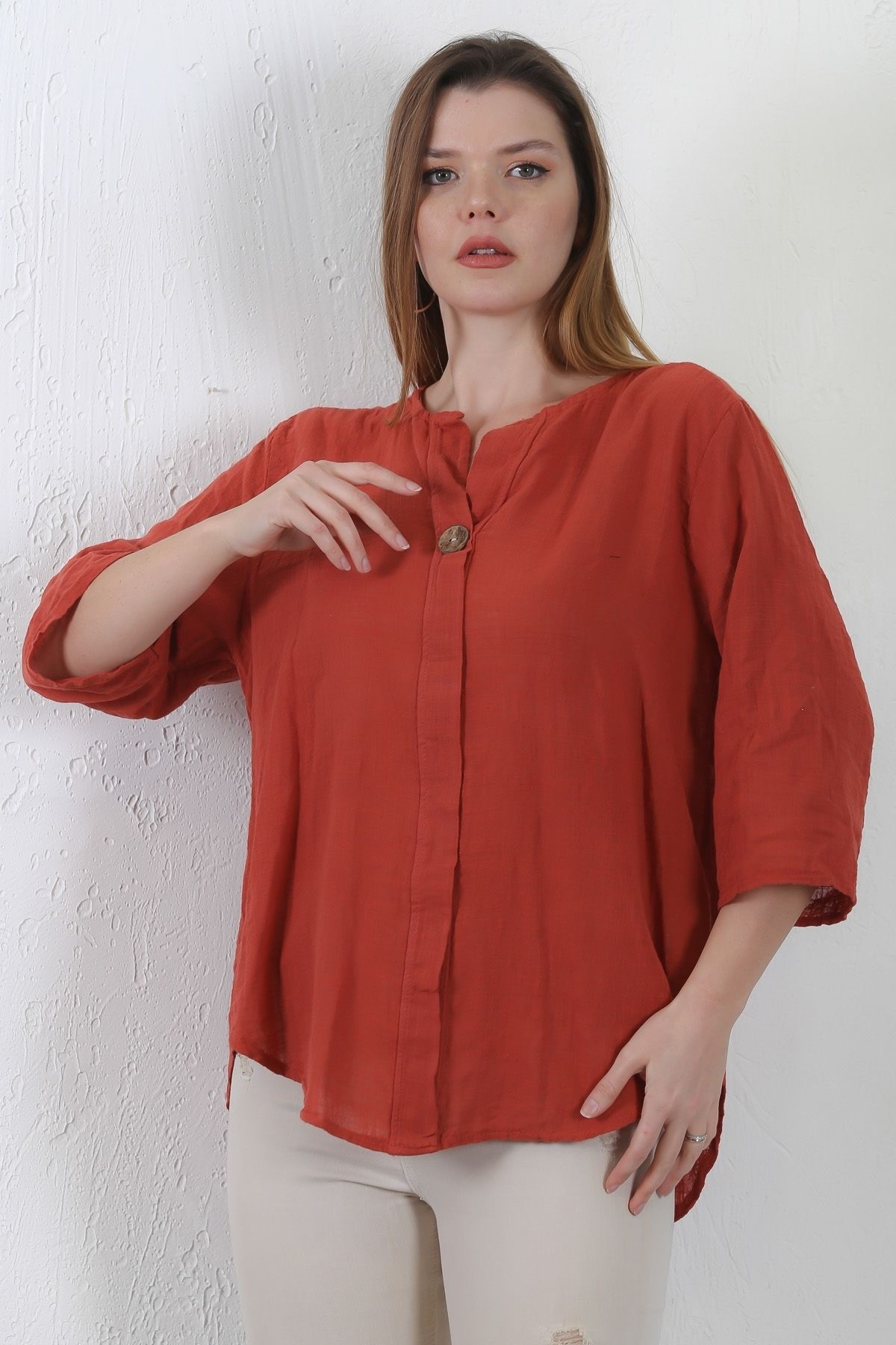 Chiccy-Italian Brick Color Placket Collar 3/4 Sleeve Button Casual Linen Blended Woven Blouse 2