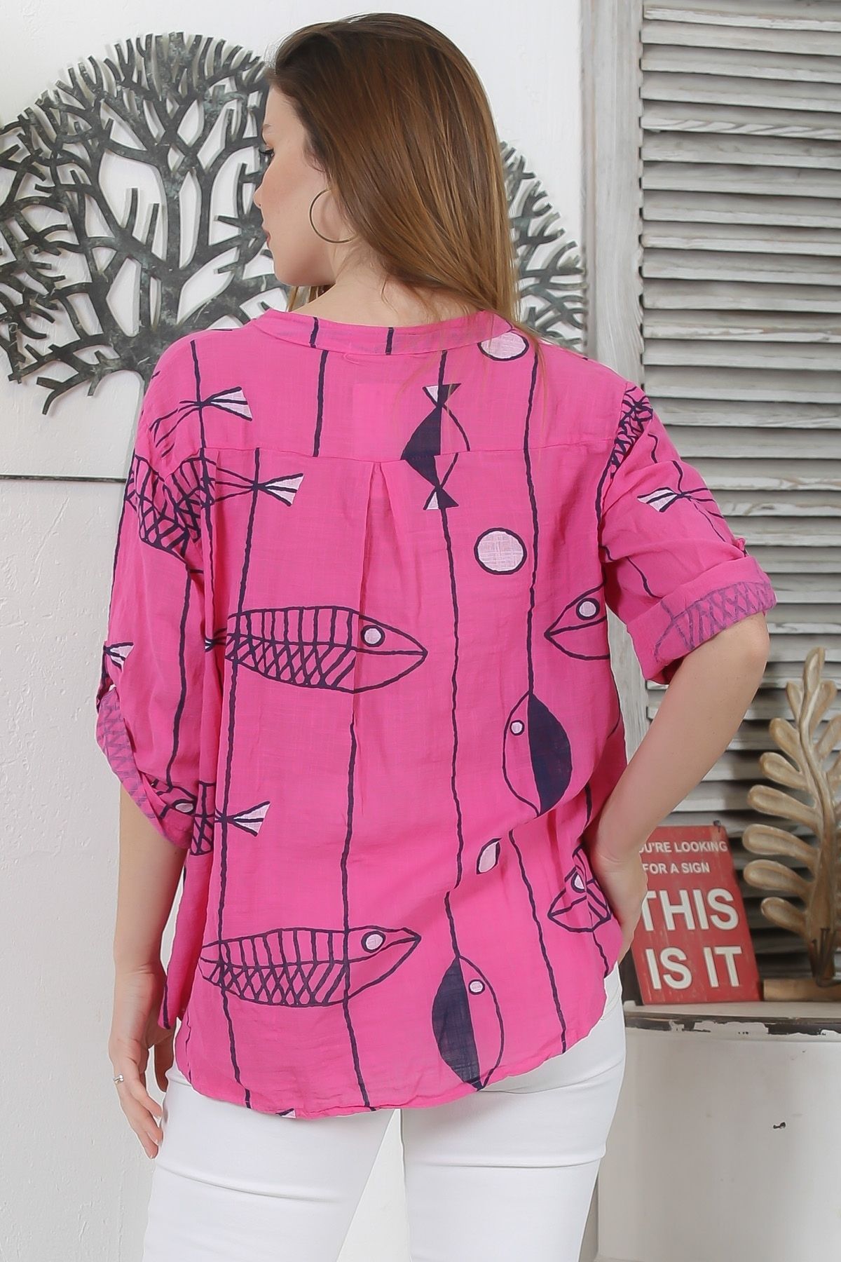 Chiccy-Dark Pink 3/4 Sleeve Jewel Neck Linen Oversize Blouse with Pockets 4