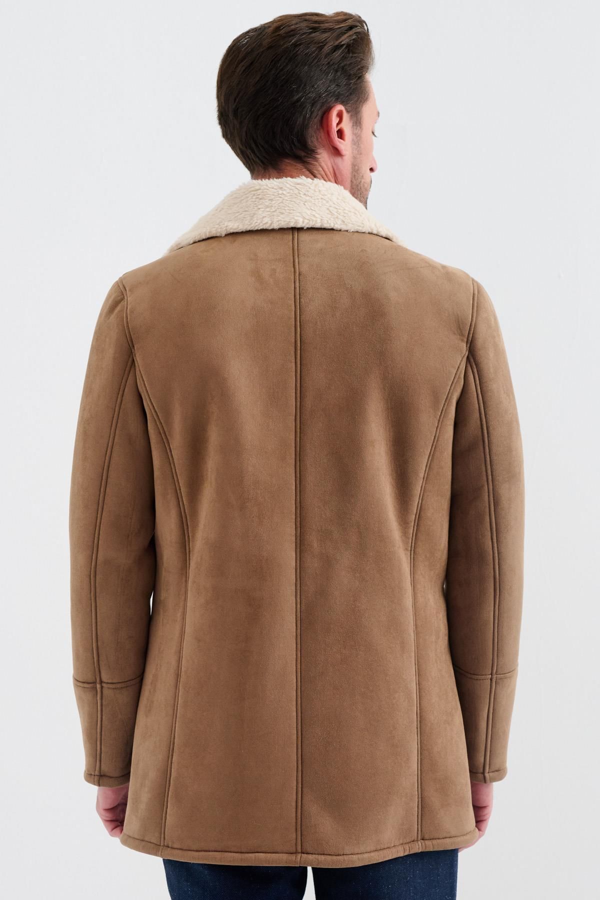 Pierre Cardin-Nolan Regular Fit Fur Lined Buttoned Folded Collar Classic Brown Suede Coat with Side Pockets 4