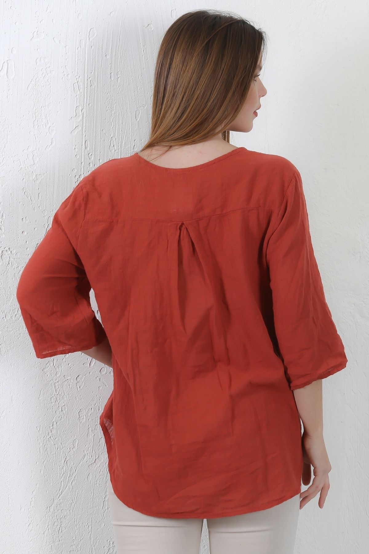 Chiccy-Italian Brick Color Placket Collar 3/4 Sleeve Button Casual Linen Blended Woven Blouse 6