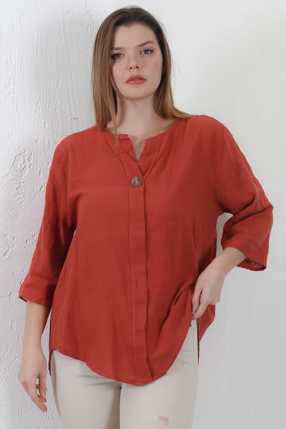 Chiccy-Italian Brick Color Placket Collar 3/4 Sleeve Button Casual Linen Blended Woven Blouse 4