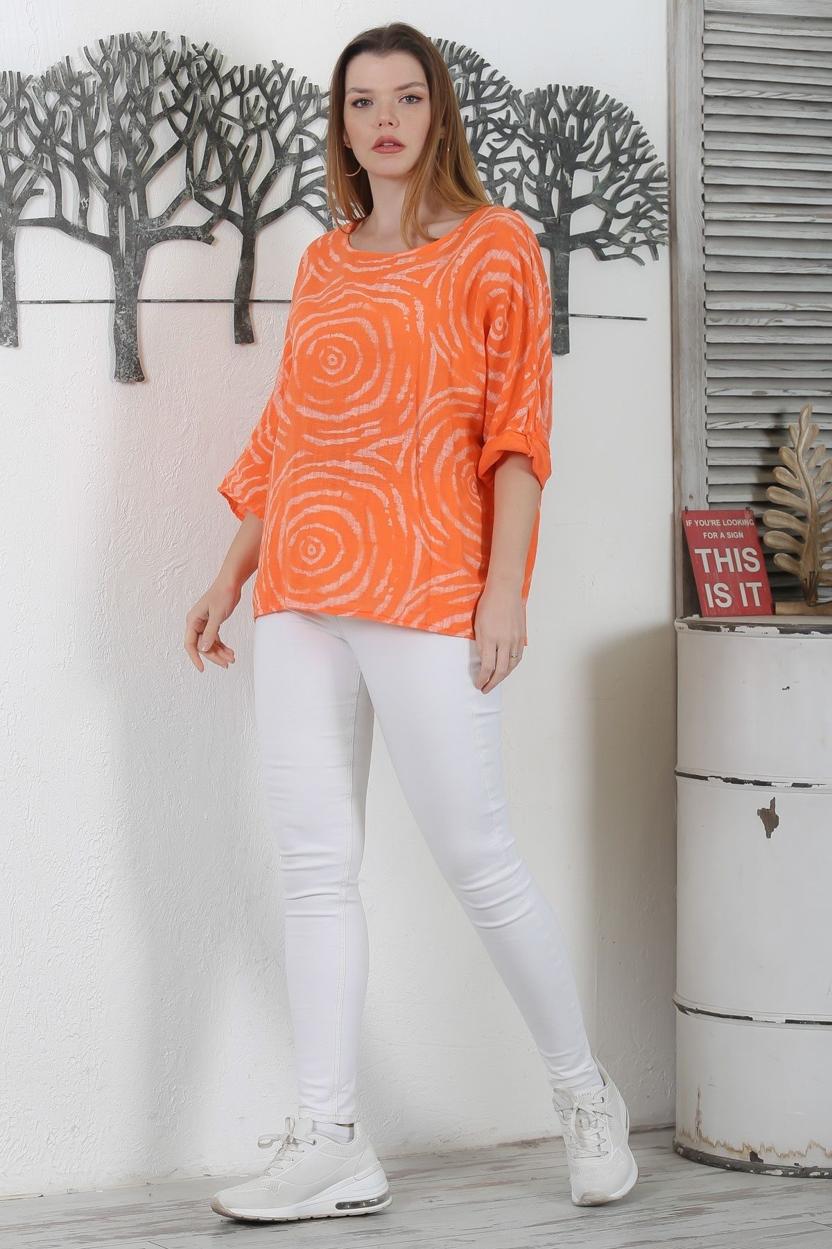 Chiccy-Italian Orange Pool Collar Bat Sleeve Print Casual Linen Blended Oversize Woven Blouse 6