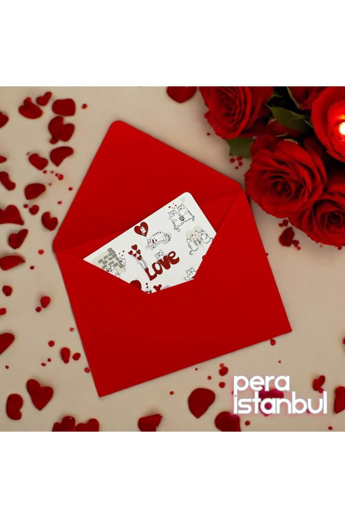 Pera İstanbul-Gift Note Card Set with Colorful Love Text Pattern - 2 Envelopes, 1 Cat 5