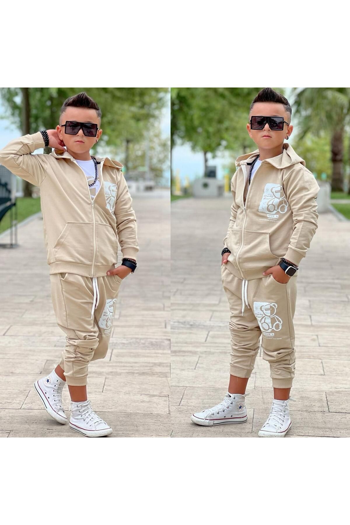 Burçak Butik-Hooded Zippered Print Detailed Boy's T-Shirt 3-Piece Bottom / Top Tracksuit Set 2