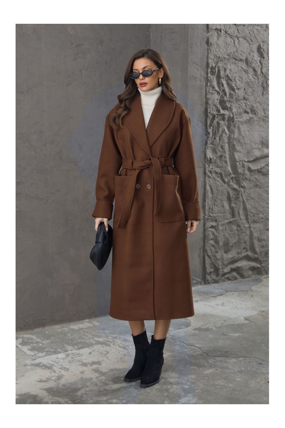 Elif Özbey Butik-Brown Shawl Collar Premium Coat 3