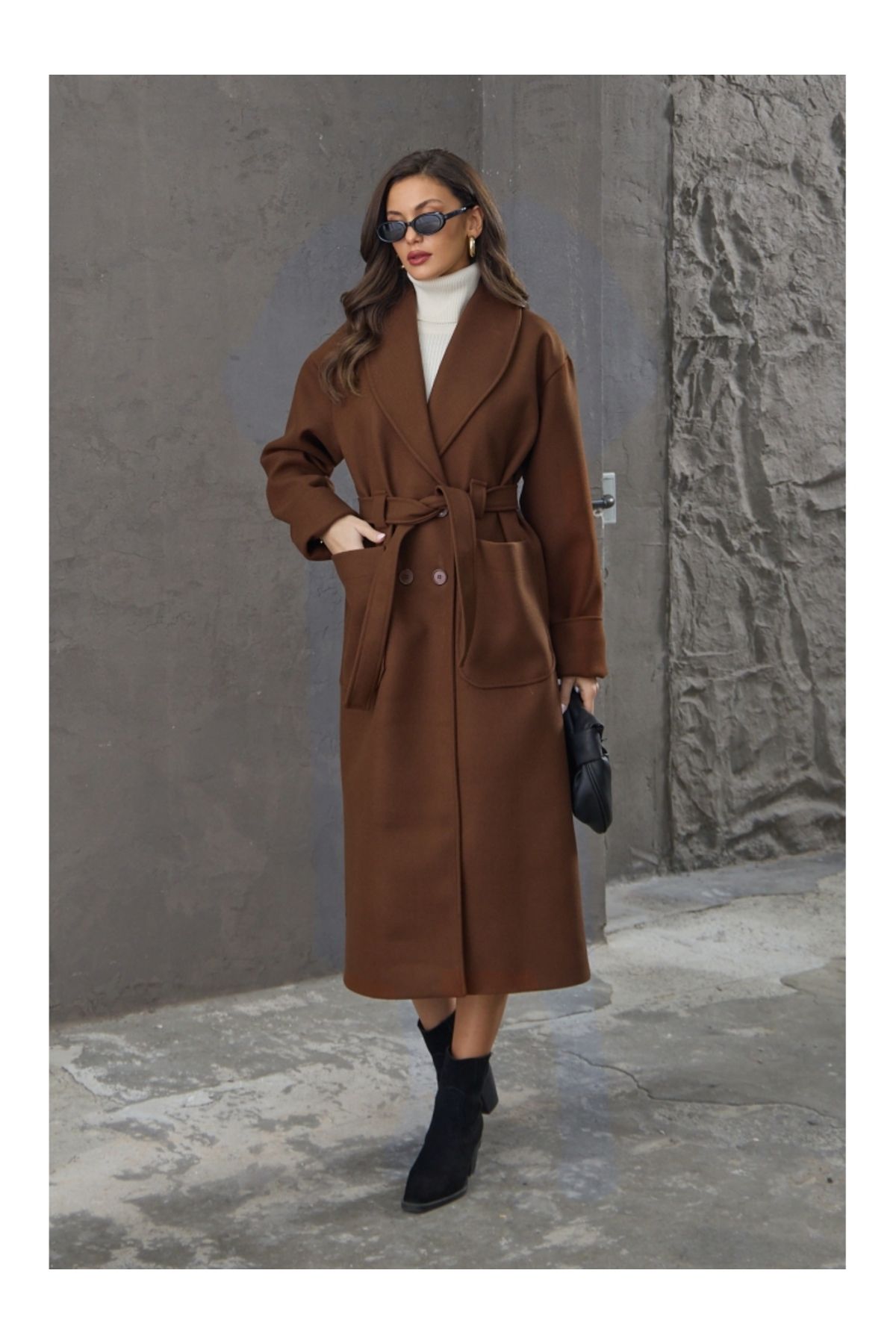 Elif Özbey Butik-Brown Shawl Collar Premium Coat 1