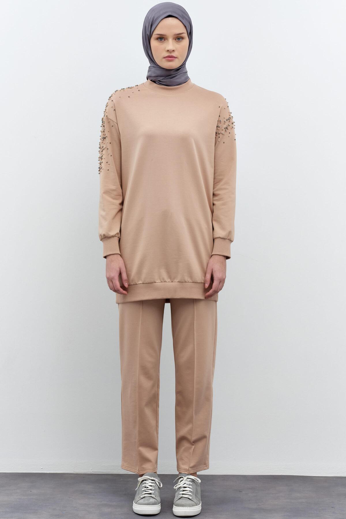 ست شلوار تونیک با آستین‌های طرح‌دار سنگی - سنگی Tuğba