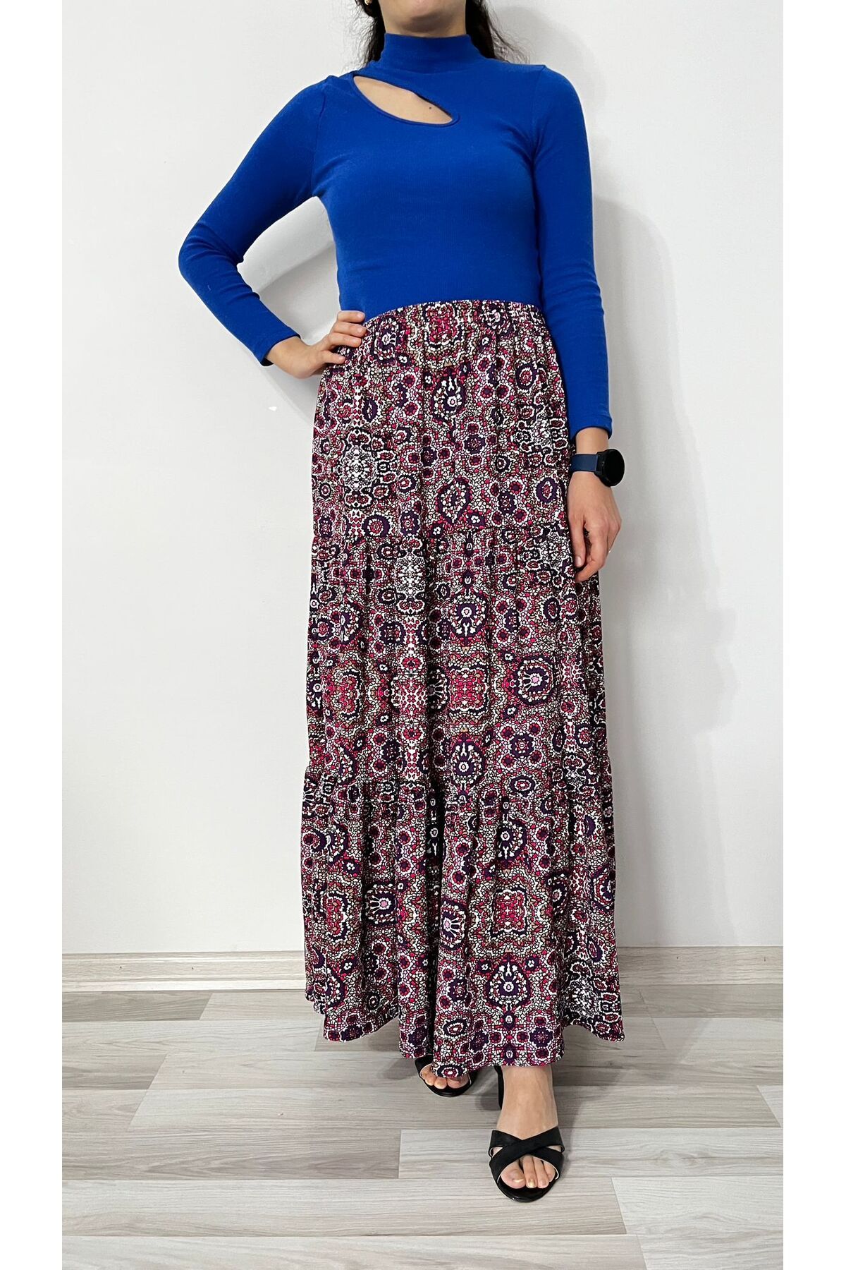 520CK-Women's Floral Print Ruffled Long Skirt 7