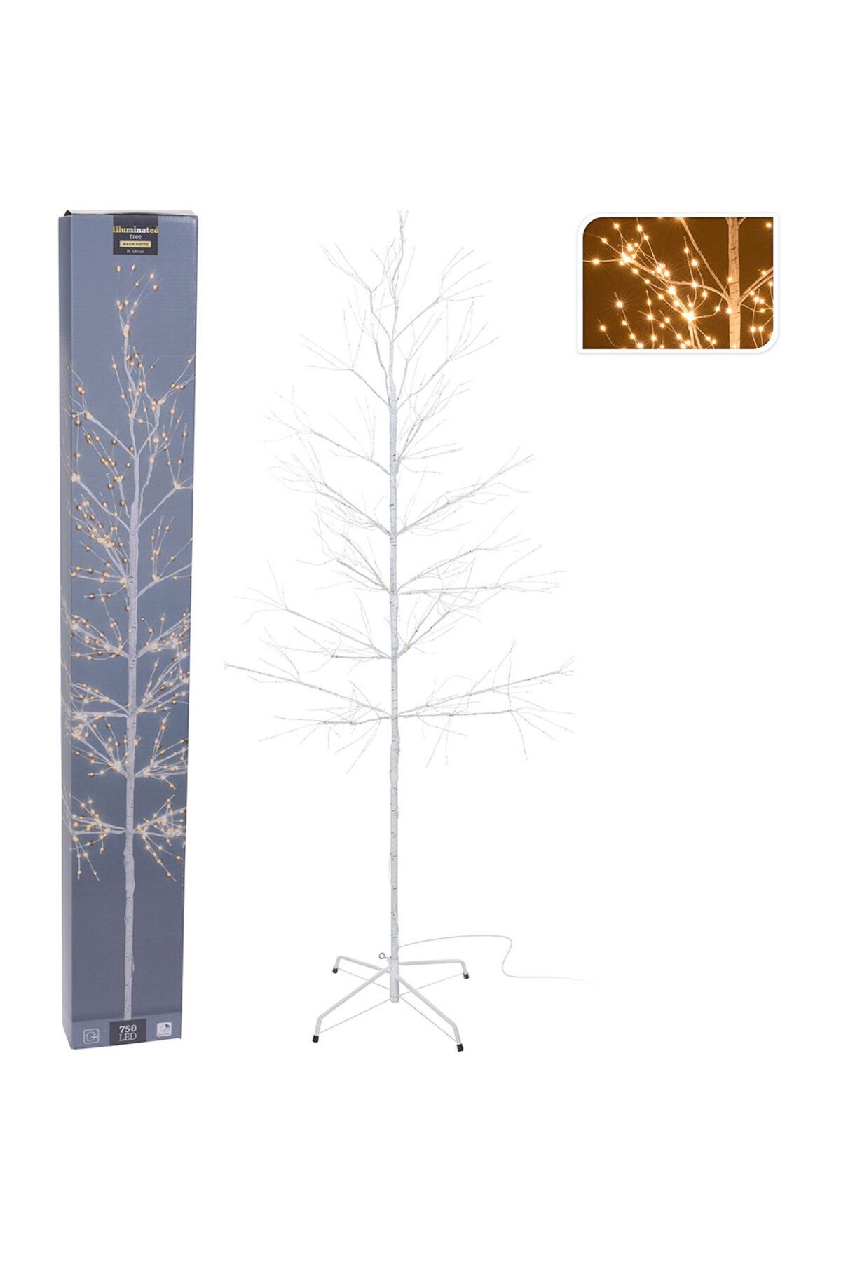 Homelux-Decorative light tree 180 cm, 750 micro leds, warm white light, 8 h timer, metal, white 3