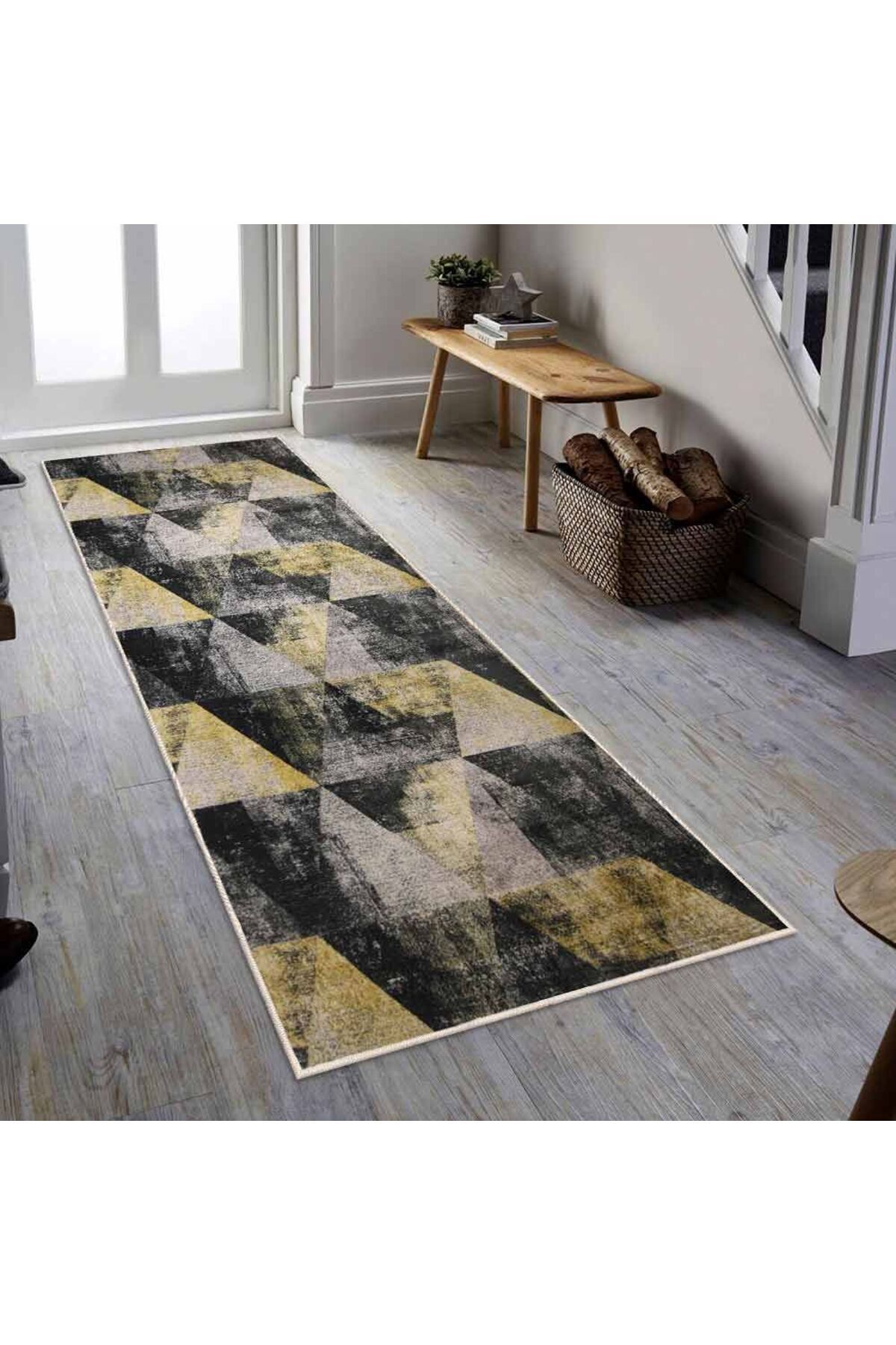Homelux Covor Antiderapant Berenice, Dreptunghiular, 80x200 Cm, Geometric, Negru, Galben, Gri, 60% Bumbac - 80 x 200