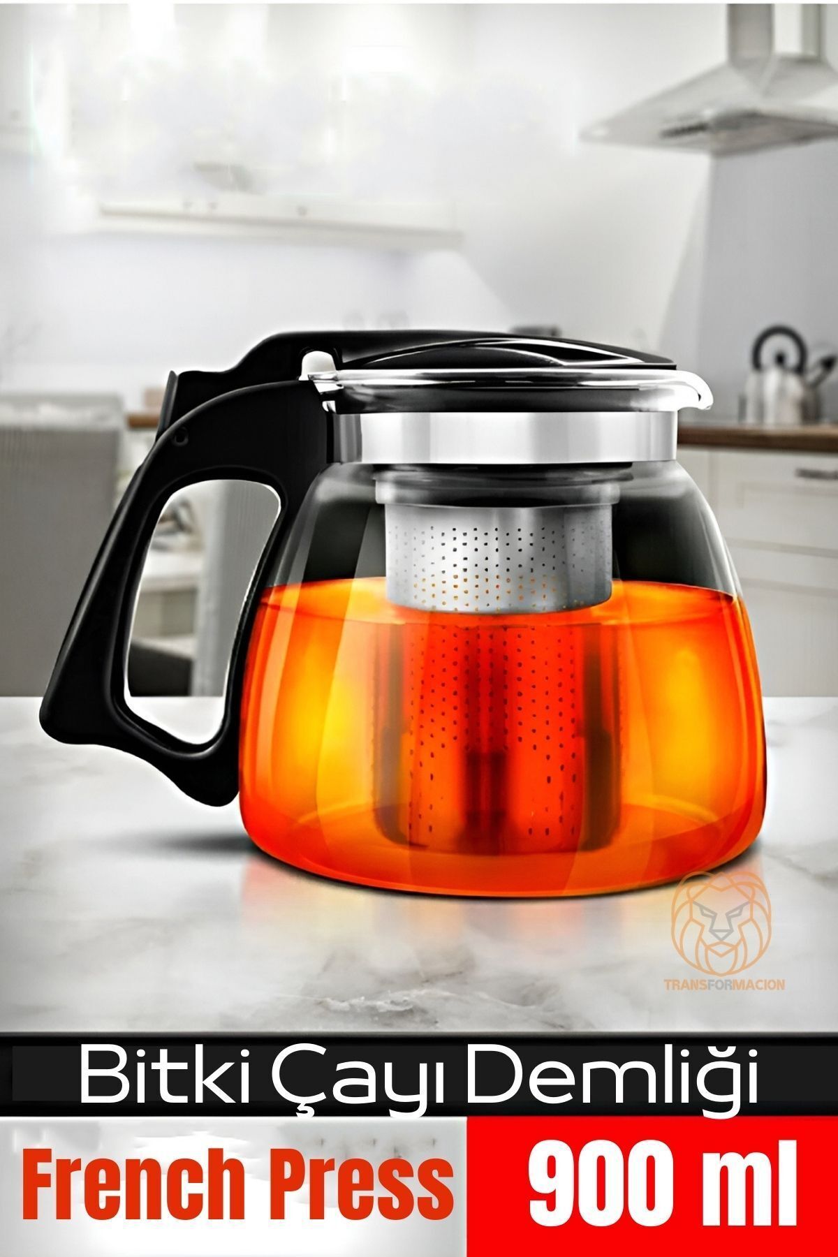 Transformacion Süzgeçli French Press Cam Demlik 900 Ml Bitki Çayı Demliği 720944