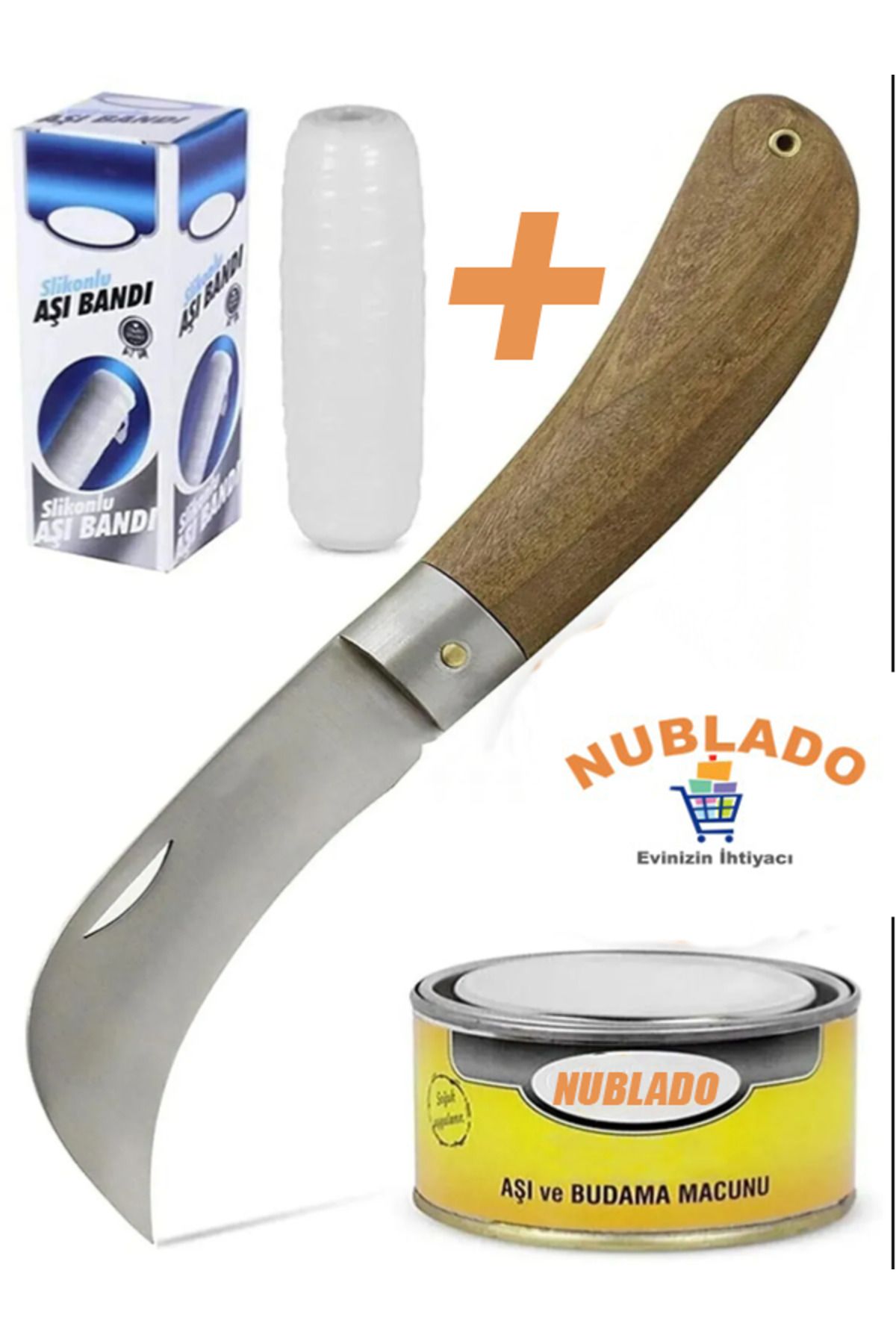 NUBLADO Aşı Bıçağı Eğri Uçlu Bağ Bıçağı Ara Çakı 21 cm + Aşı Bandı + Aşı Macunu (3'LÜ SET).