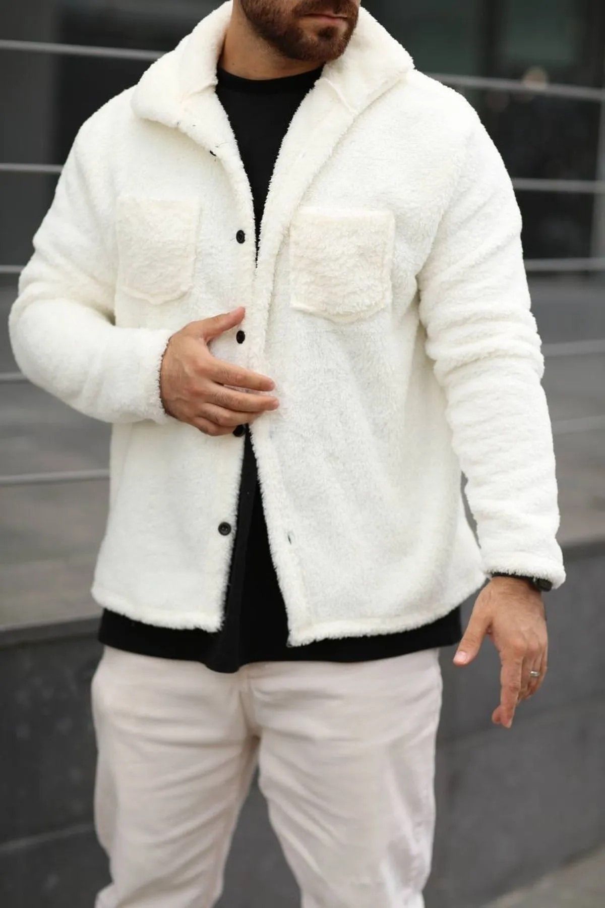 modabiraltı-Ecru Unisex Wellsoft Buttoned Pocket Plush Jacket 1