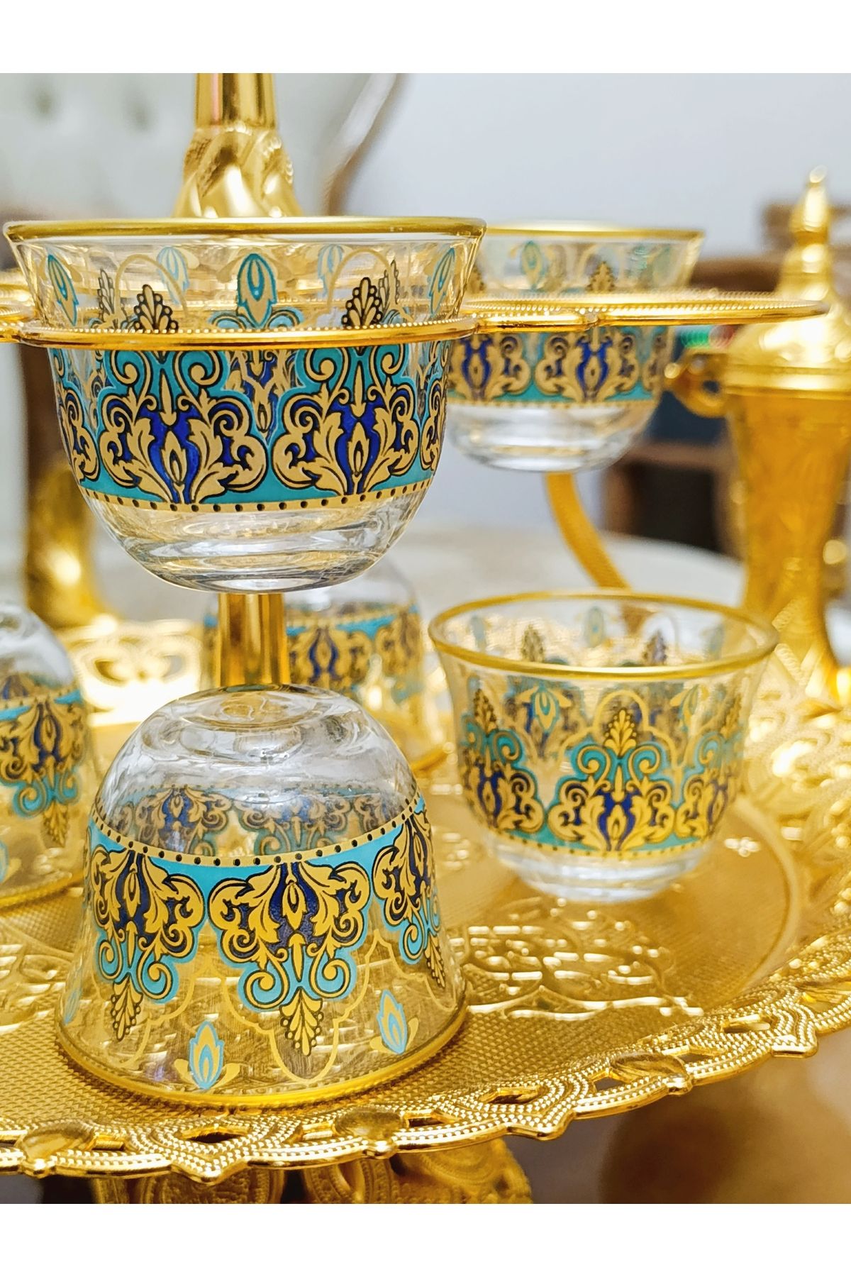 SAMSA-Gold Pearl Colored Patterned Pasabahce Glass Handle-Free Mirra Coffee Set 6 Seater 1