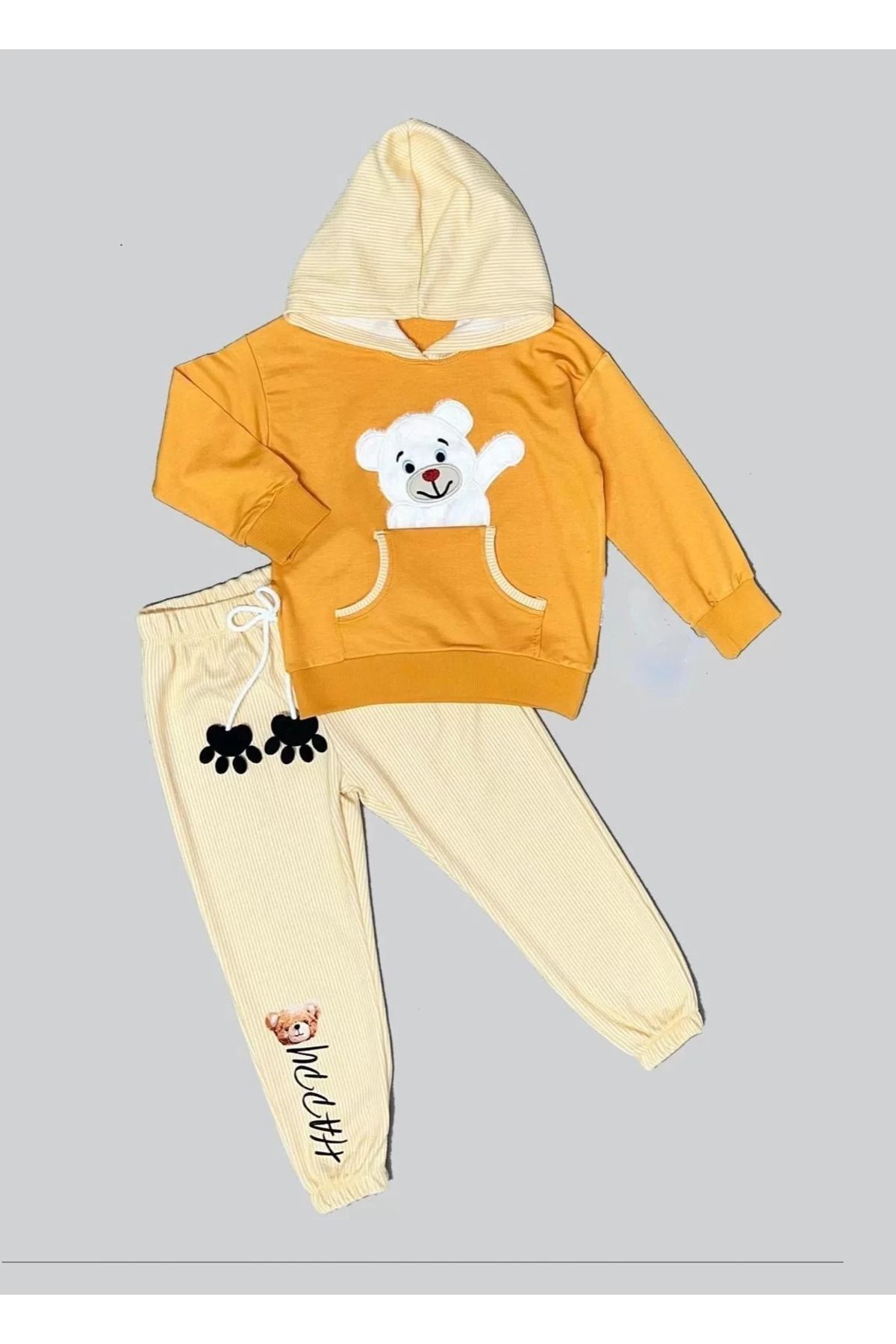 Mea Capio-Plush Bear Patterned Hooded Long Sleeve Sweat for Boy 2-piece Orange Set 1