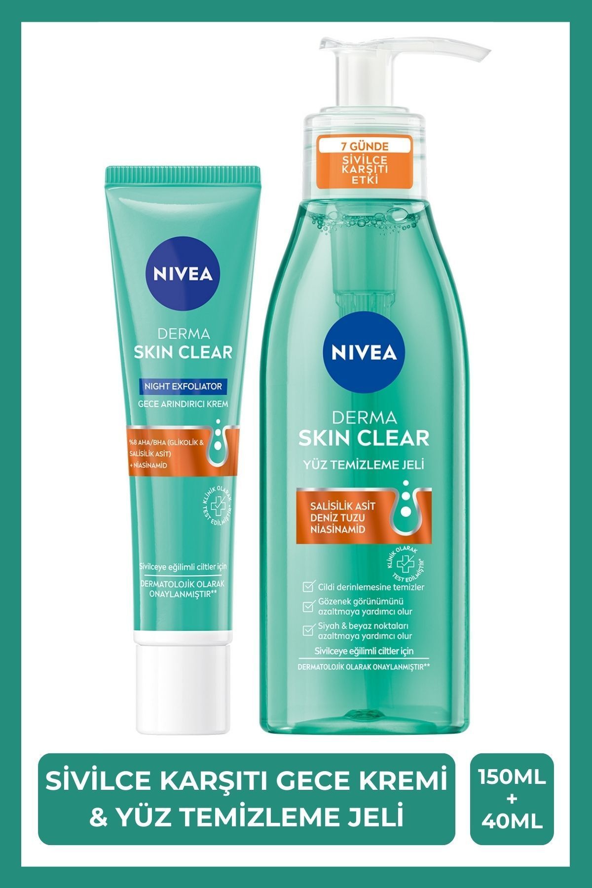 NIVEA Sivilce Karşıtı Bakım Seti, Derma Skin Clear Yüz Temizleme Jeli 150ml ve Gece Arındırıcı Krem 40ml