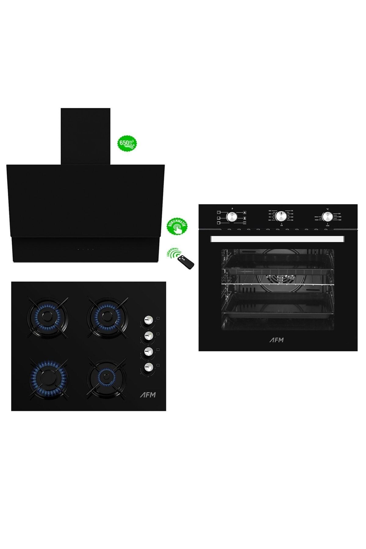 AFM tech Black Turmalin Plus 3'Lü Kumandalı Cam Ankastre Set ( Fm7600B-Fm2200B-Fm3400B )