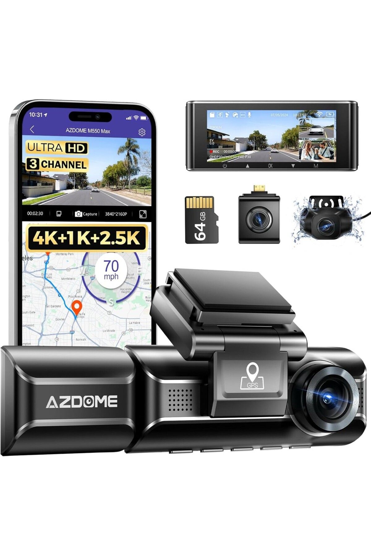 AZDOME M550 Max 4K 3 Kanallı Araç Kamerası, Dahili WiFi ve GPS, 64GB Kart Dahil