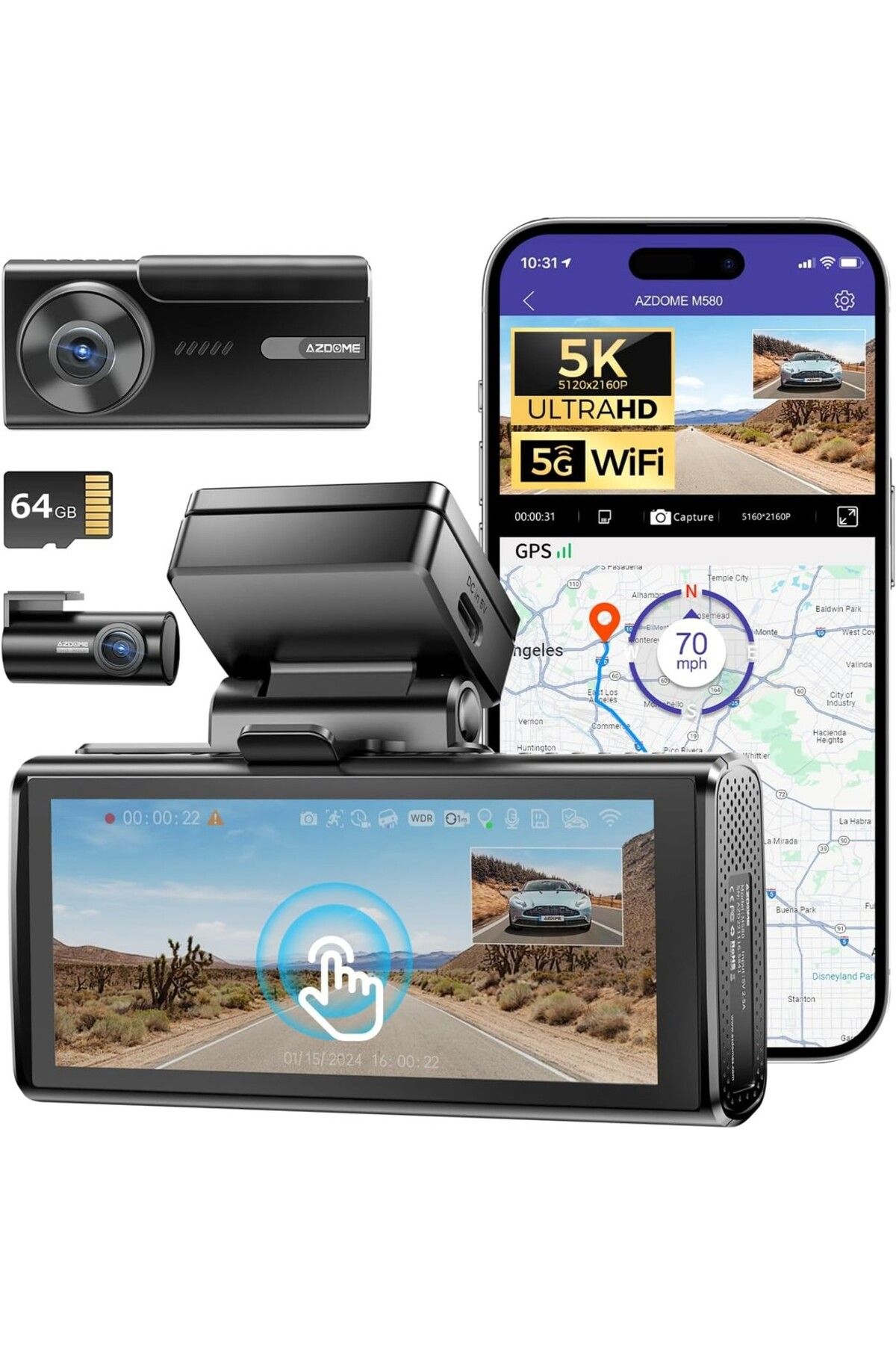 AZDOME M580 5K 5GHz WiFi Çift Dashcam, 4" Dokunmatik Ekran, 4K+1080P, Dahili GPS