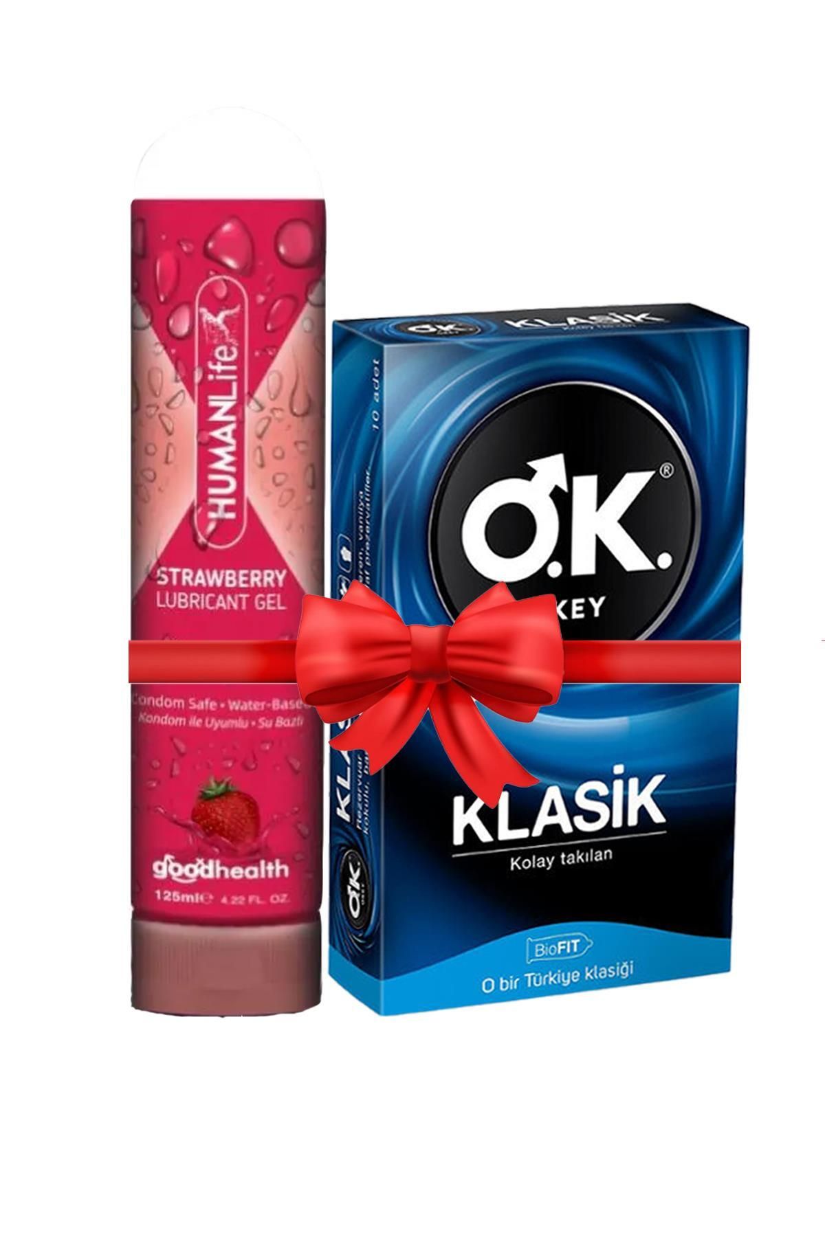 Okey Prezervatif Klasik 10'lu + HumanLife 125 ml Çilek Aromalı Kayganlaştırıcı Jel Lubricant