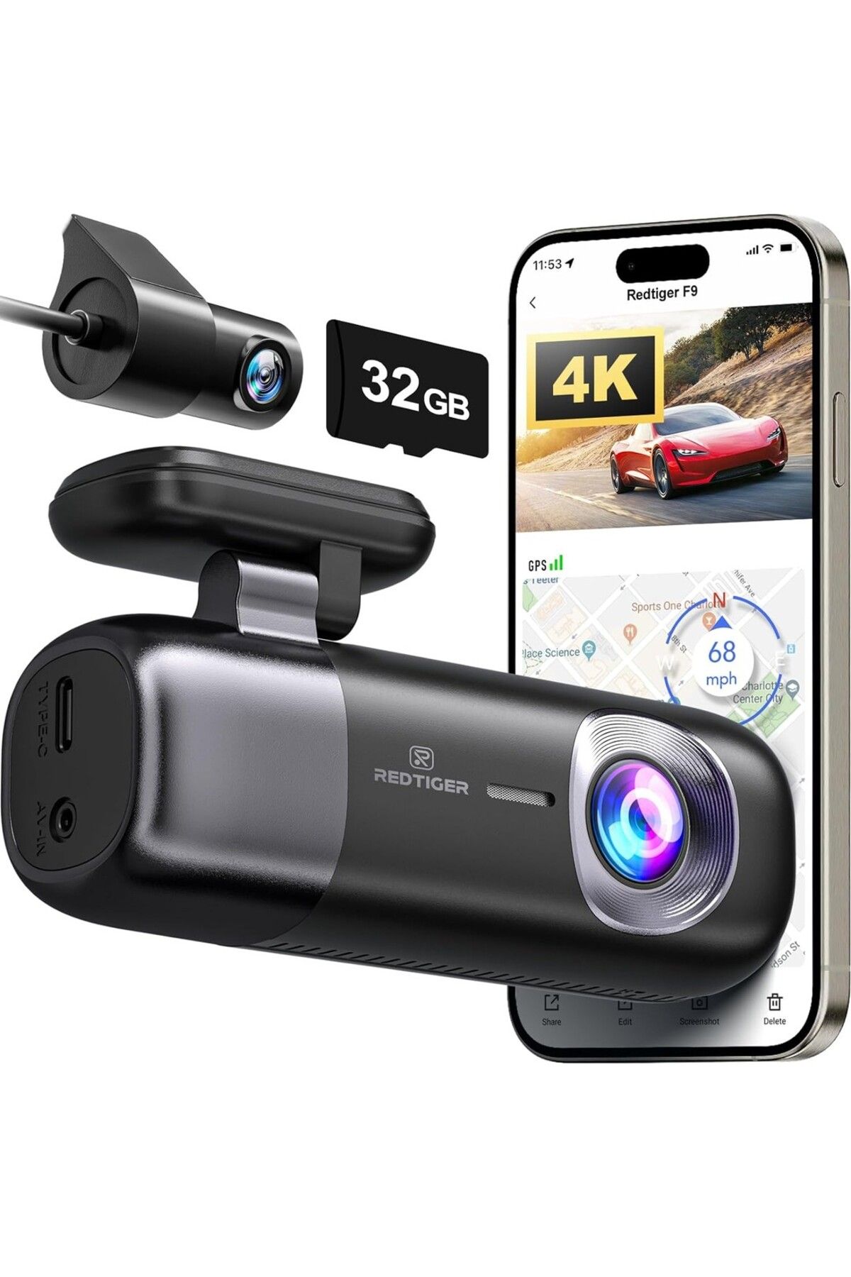 Red Tiger Dash Cam 4K Ön ve Arka 1080P, WiFi GPS, 32 GB Kart Dahil uyumlu