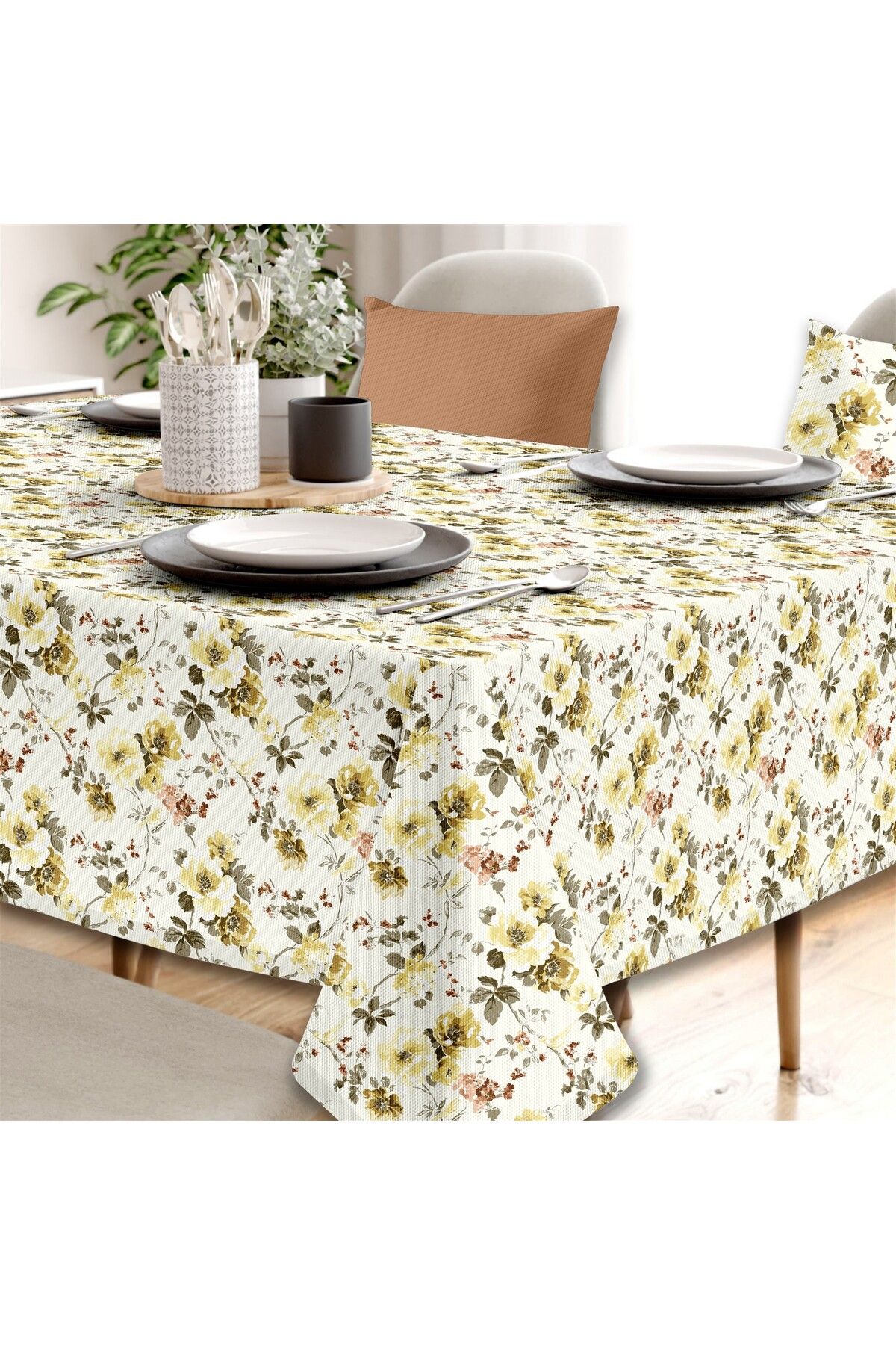 Evim-Canvas Flora Yellow Liquid Proof Stain Resistant Tablecloth 2