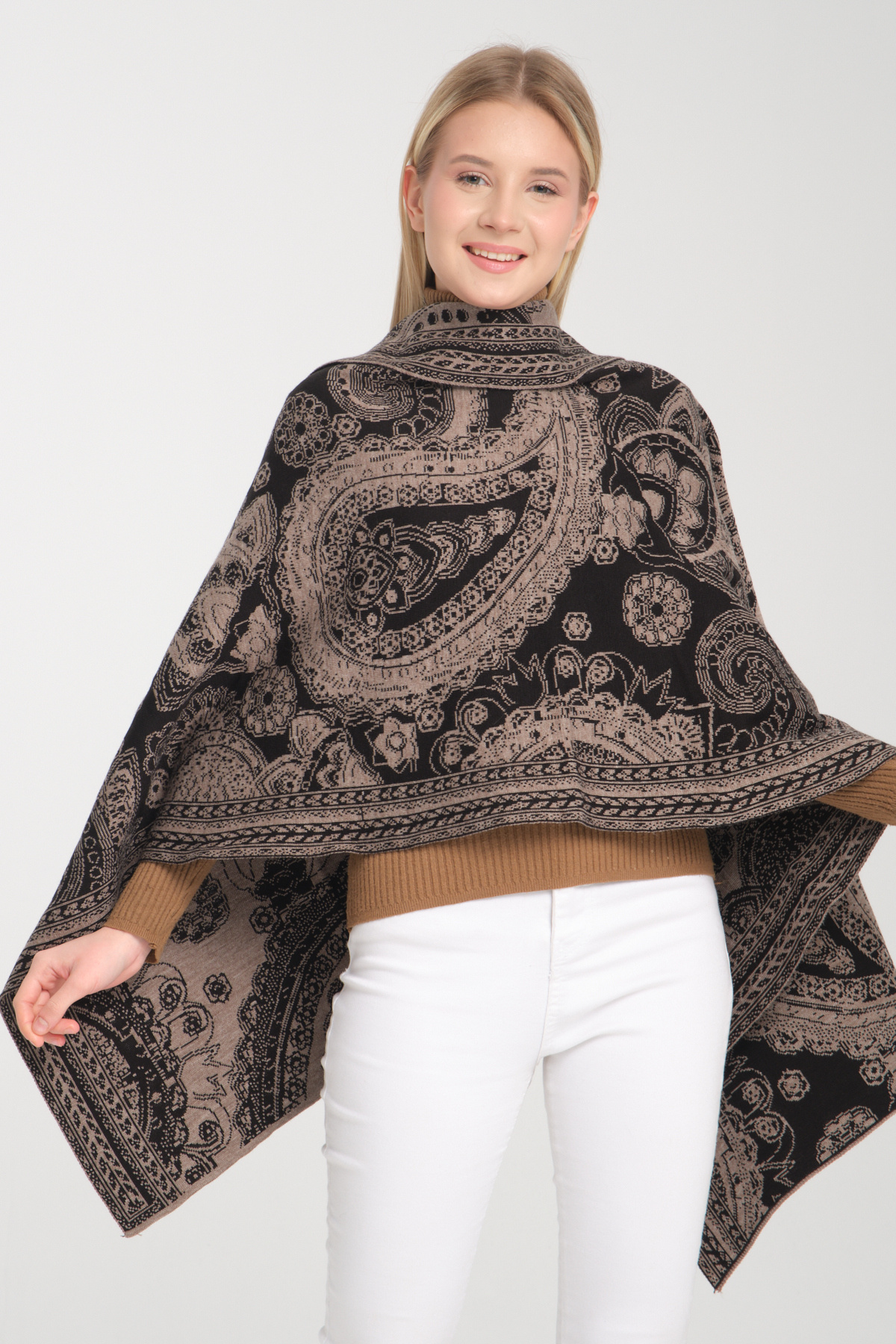 Wega Moda-Ethnic Patterned Comfortable Knitwear Shoulder Shawl - Two-Way Use 8