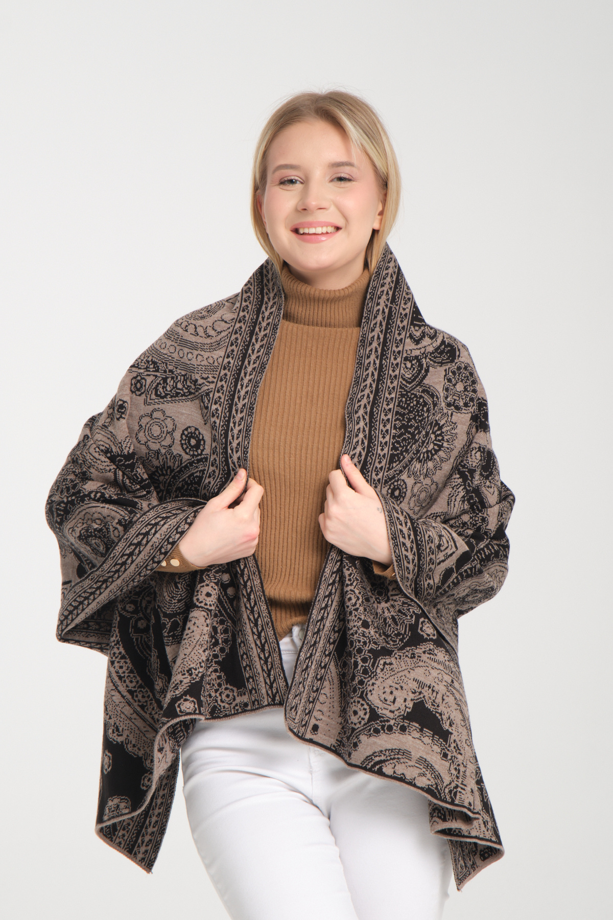 Wega Moda-Ethnic Patterned Comfortable Knitwear Shoulder Shawl - Two-Way Use 3