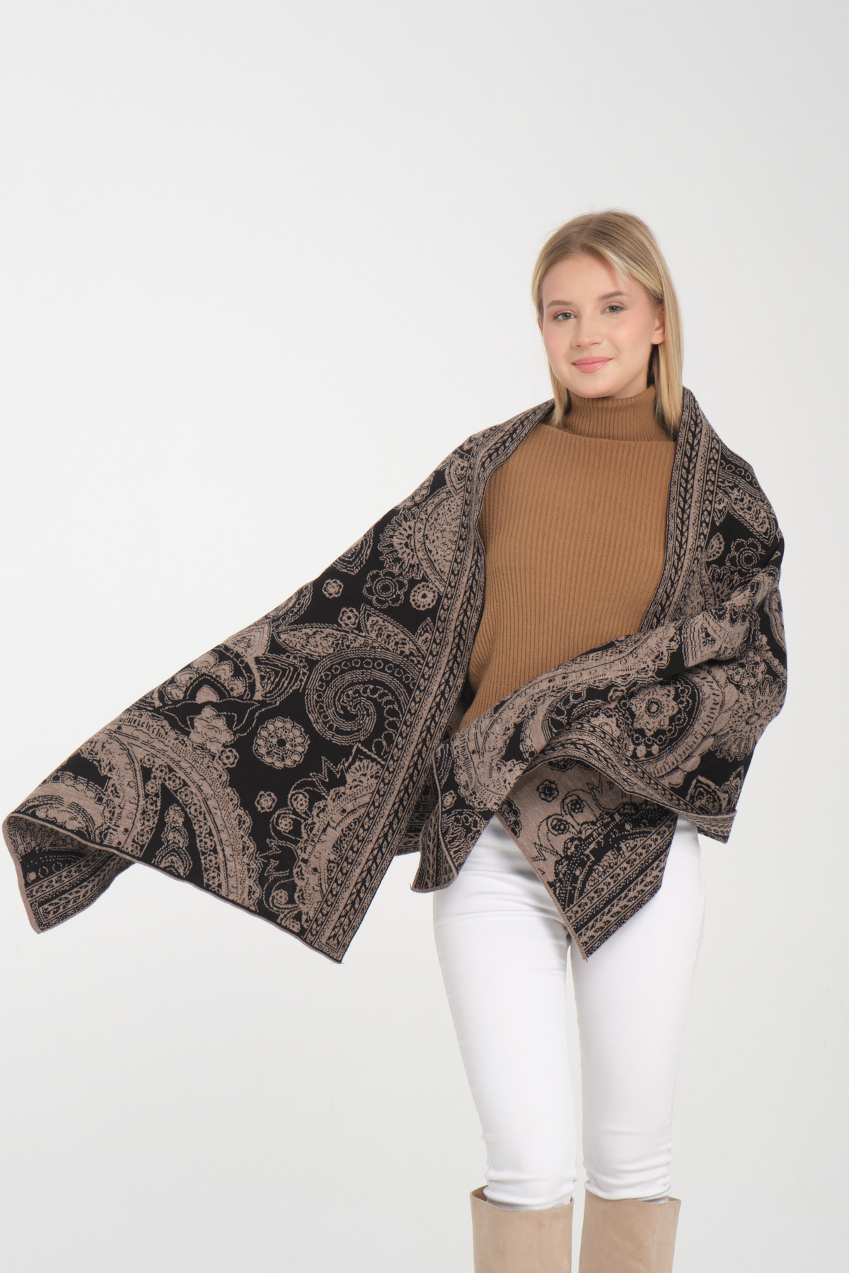 Wega Moda-Ethnic Patterned Comfortable Knitwear Shoulder Shawl - Two-Way Use 7