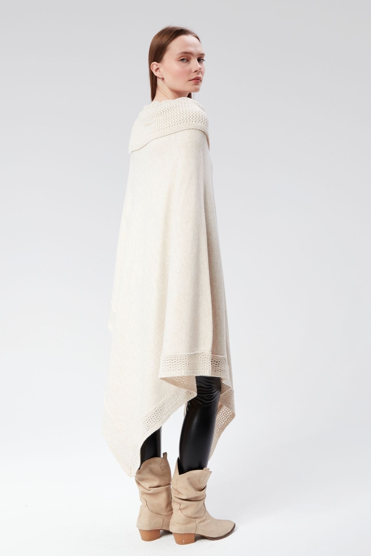 CNR TEKSTİL-Buttoned Poncho with Neck and Skirt Detail 8