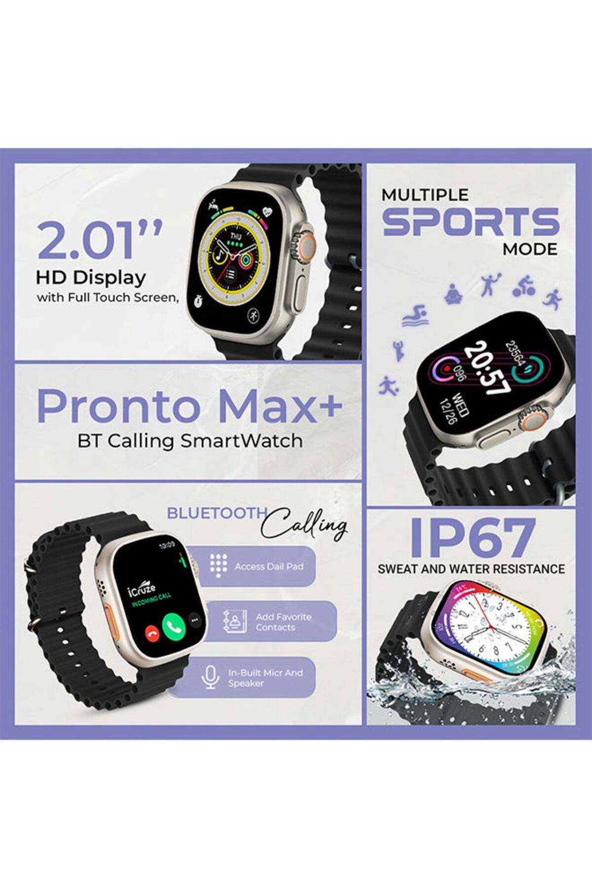 Icruze-Pronto Max Smartwatch Bluetooth Calling- 2.01’’ Inch Touch Screen,Silicon Band- Black 2