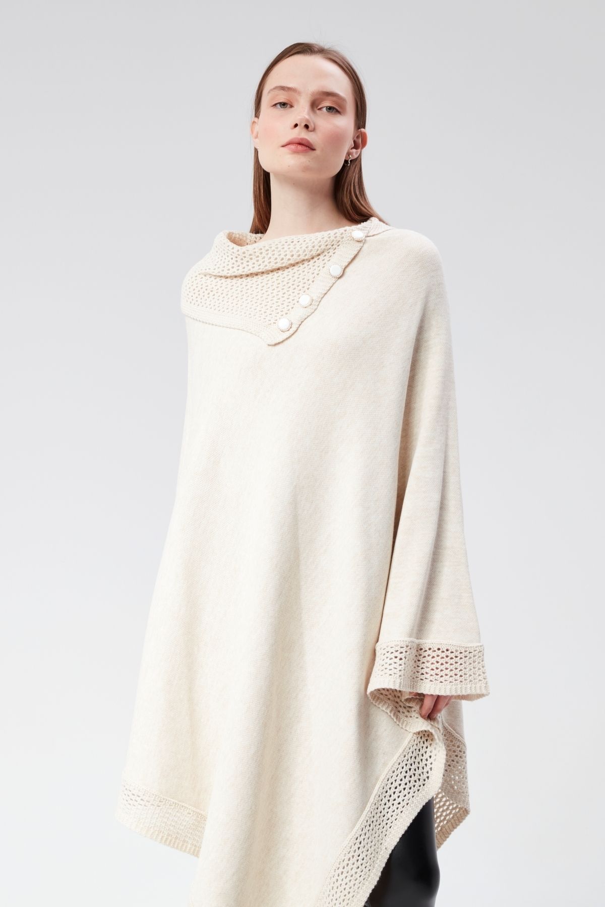 CNR TEKSTİL-Buttoned Poncho with Neck and Skirt Detail 1