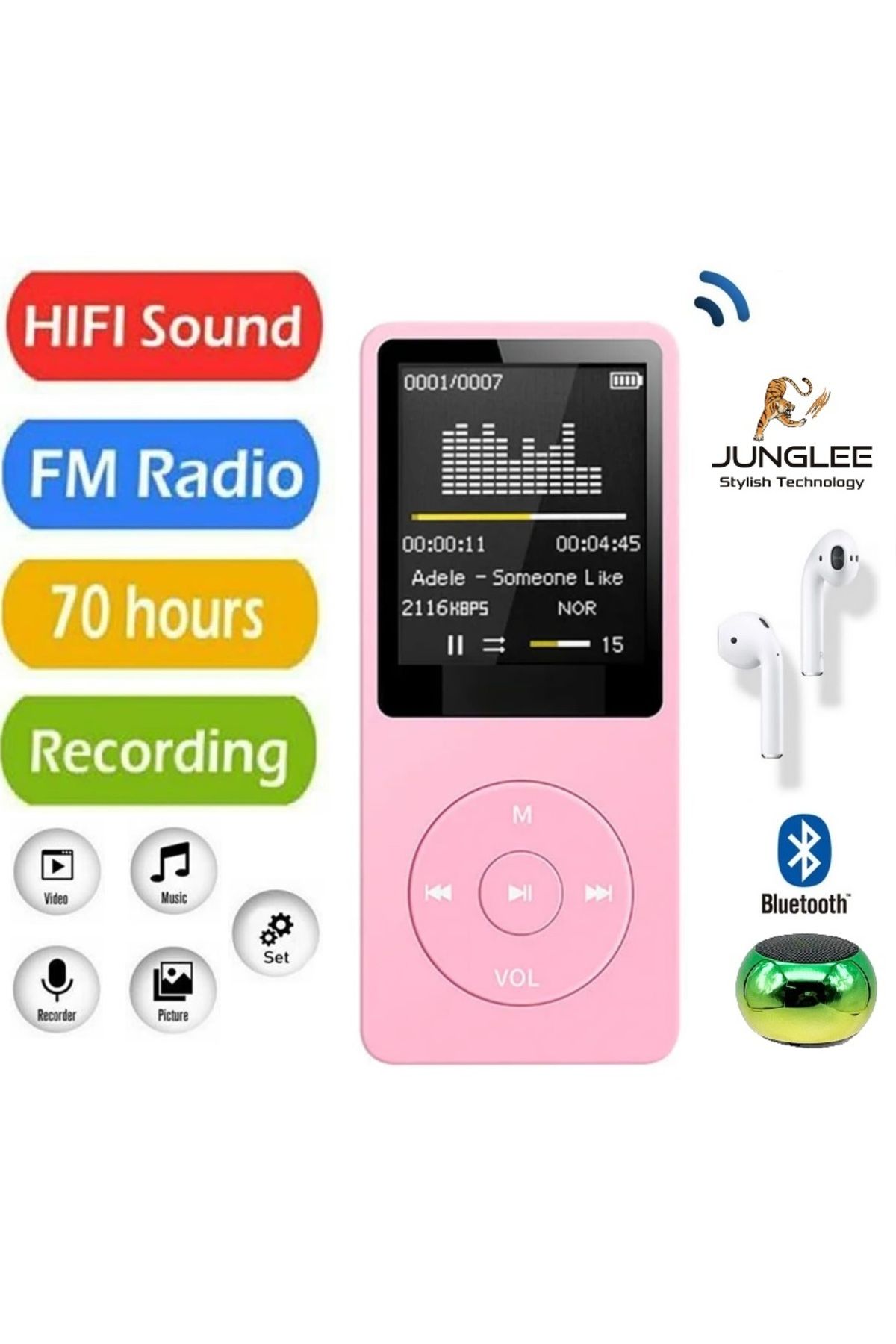 JUNGLEE 8GB DAHİLİ HAFIZALI BLUETOOTHLU MP3-MP4 ÇALAR SES KAYIT FM RADİO DAHİLİ HOPARLÖR EKRANLI MÜZİK ÇALAR