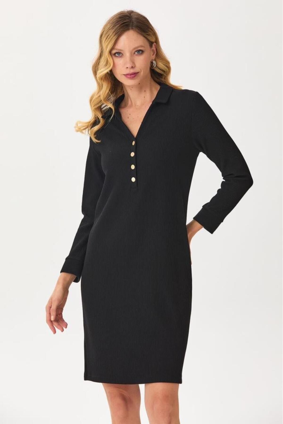 İKİLER-Front Button Polo Neck Dress 245-2512 3