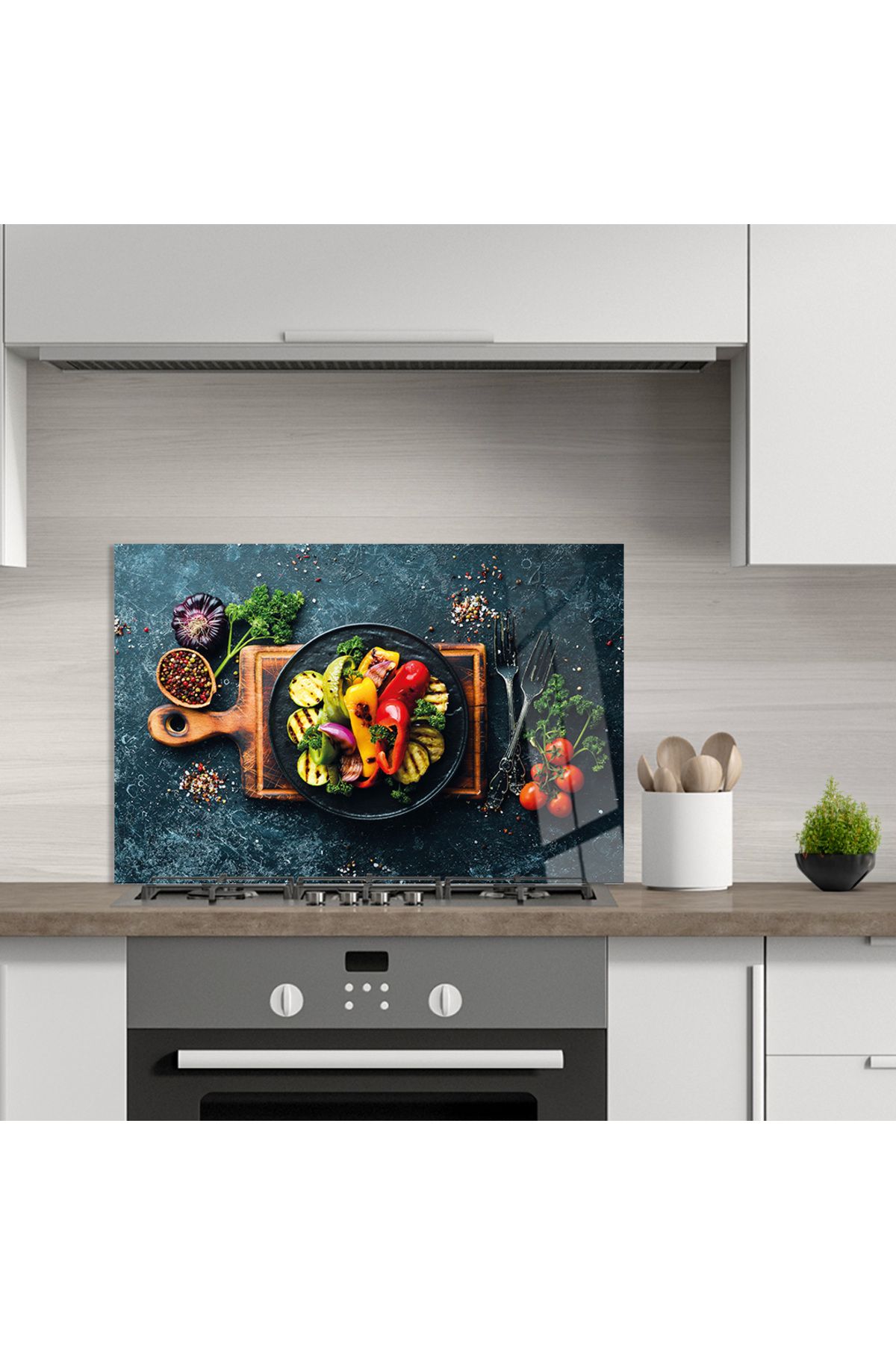 Zevahir Mobilya Dekorasyon-Spices and Vegetables on a Tempered Glass Table on the Back of the Stove 4