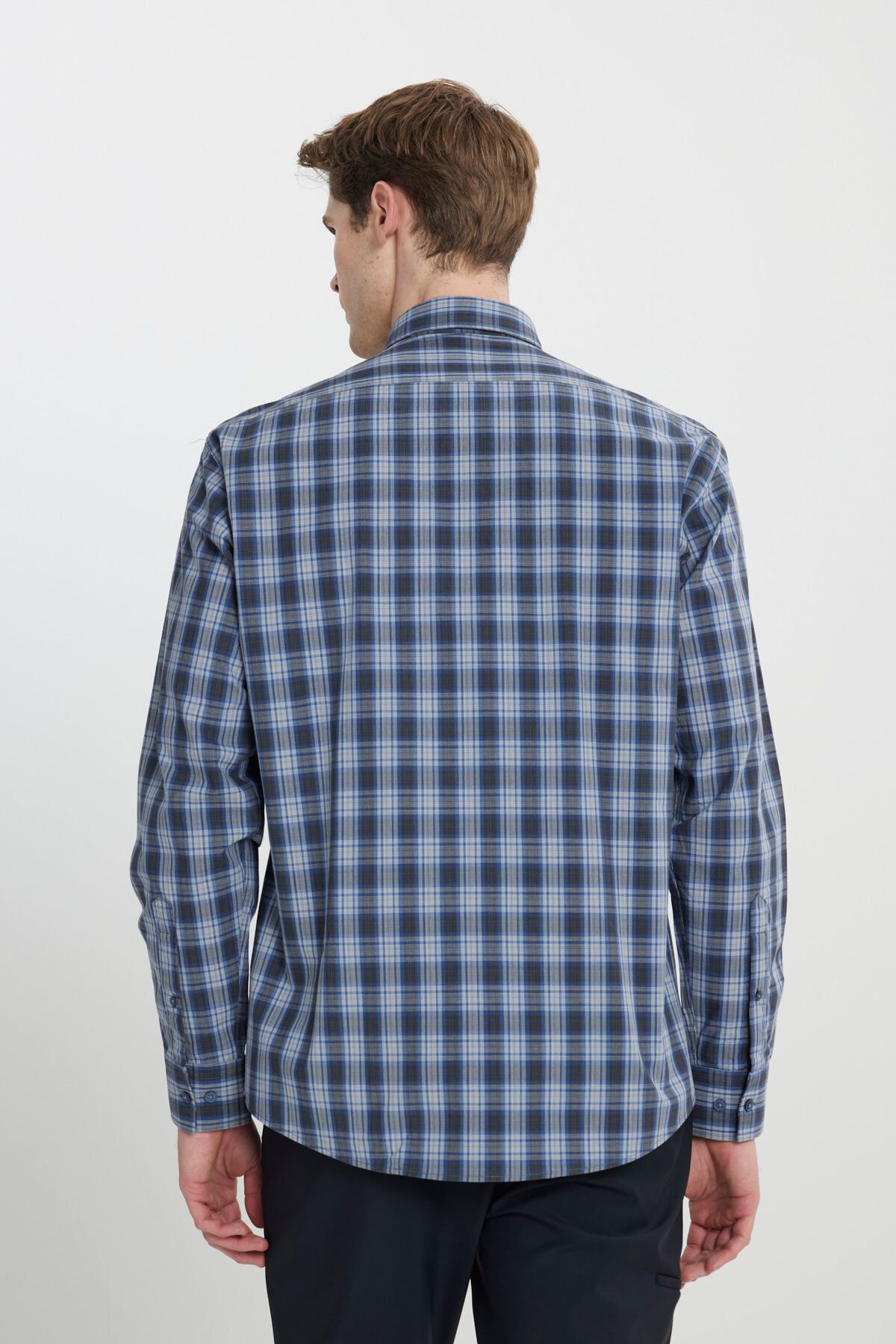 ALTINYILDIZ CLASSICS-Men's Grey-Navy Comfort Fit Relaxed Fit Hidden Button Collar 100% Organic Cotton Checked Shirt 6