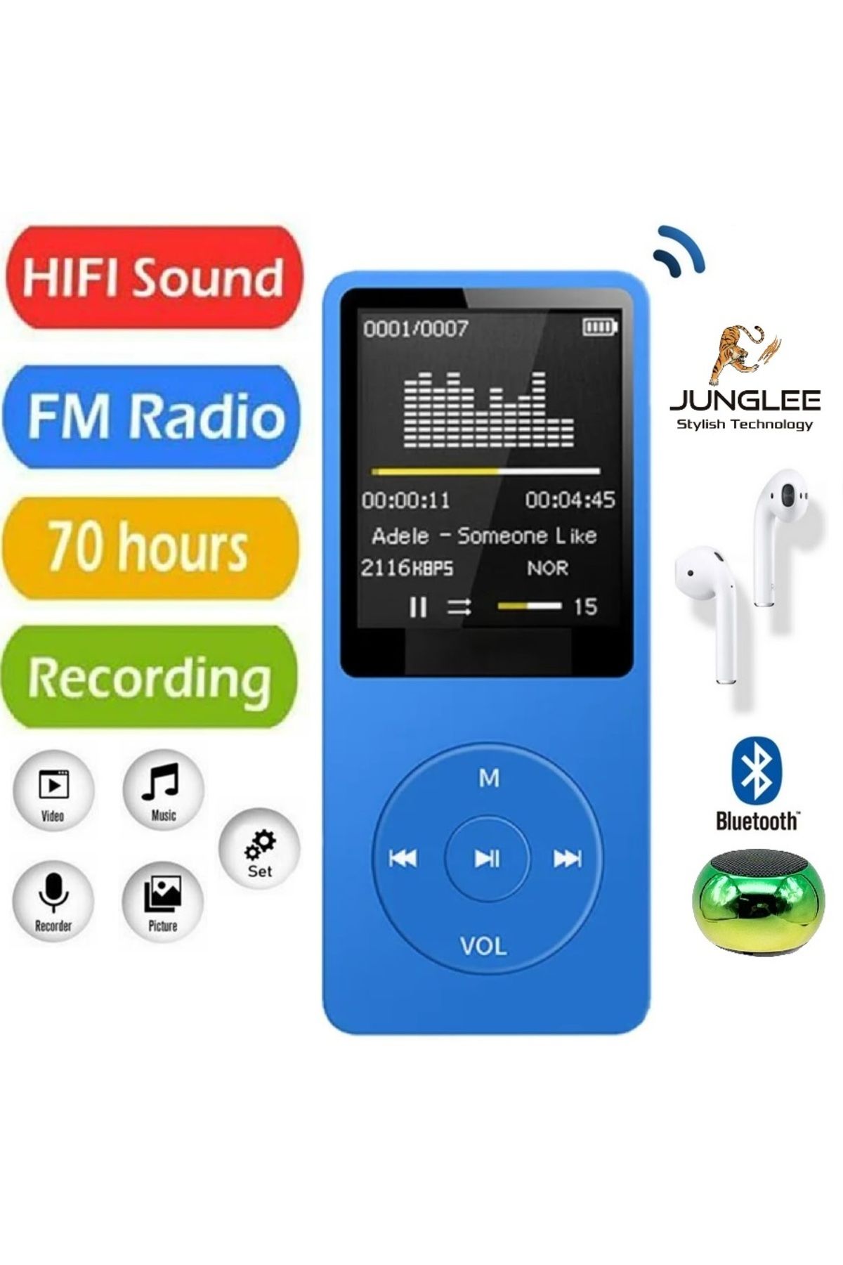 JUNGLEE 8GB DAHİLİ HAFIZALI BLUETOOTHLU MP3-MP4 ÇALAR SES KAYIT FM RADİO DAHİLİ HOPARLÖR EKRANLI MÜZİK ÇALAR