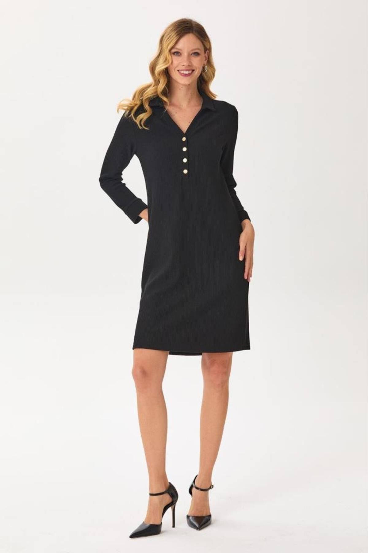 İKİLER-Front Button Polo Neck Dress 245-2512 2